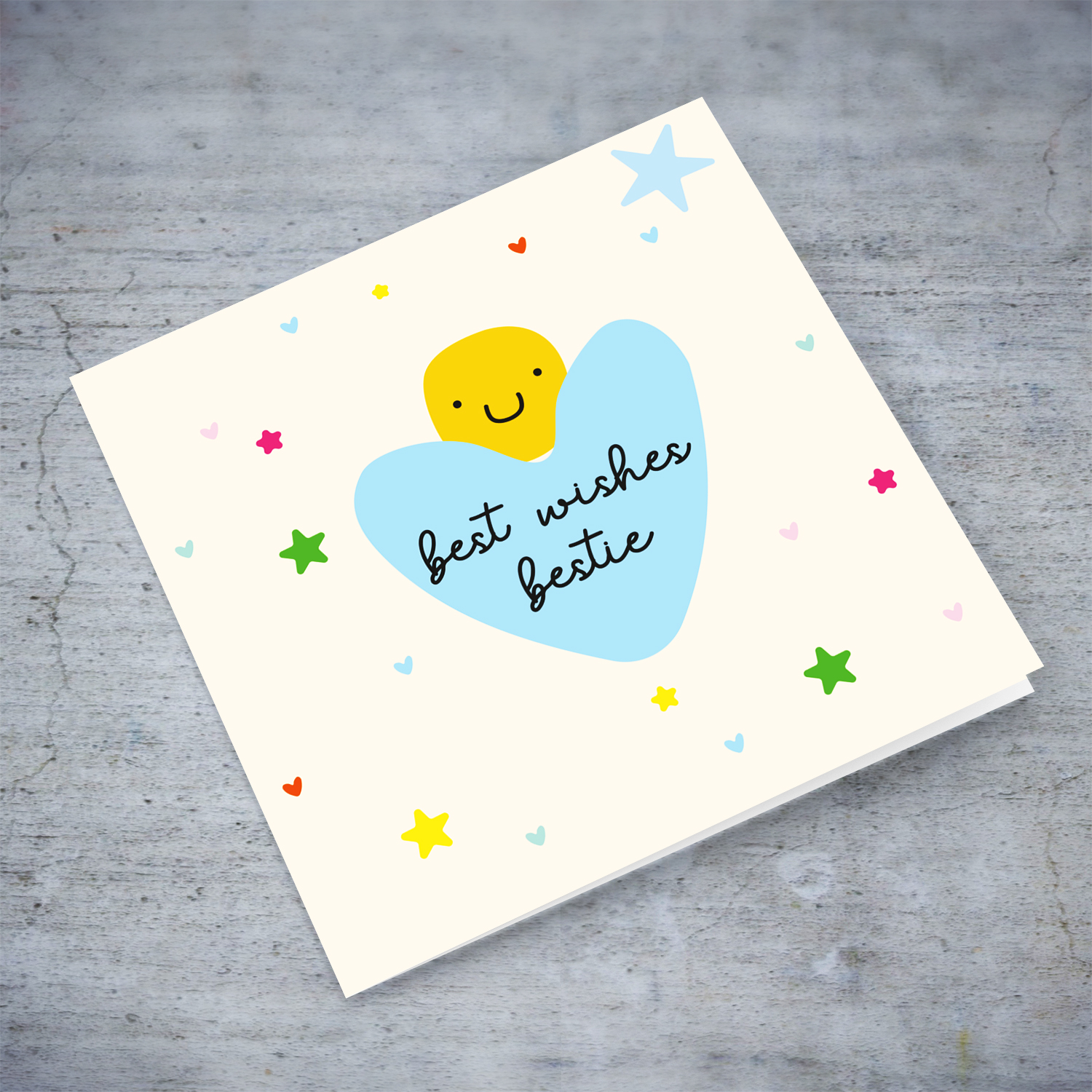 Best wishes bestie - cute birthday card with smiley and scattered colourful stars in English