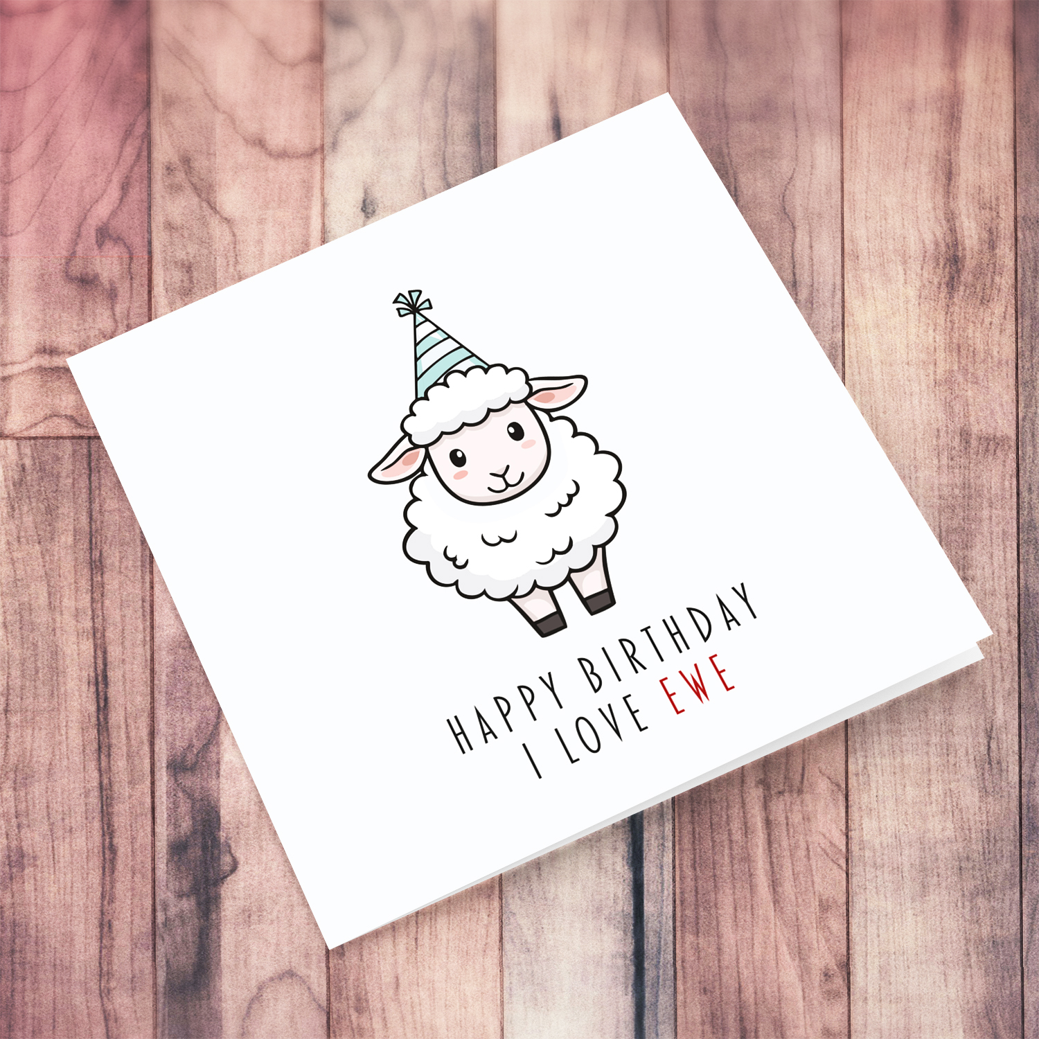 A cute sheep wearing a striped white and green pastel party hat birthday card in English