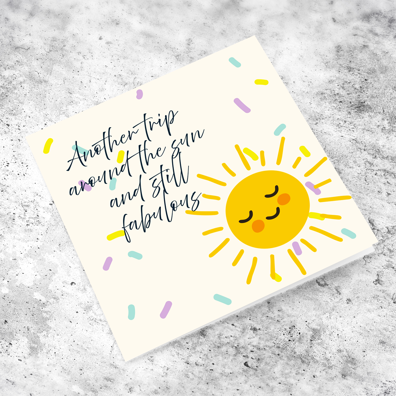 Cute open birthday card featuring a smiling sun and colourful scattered confetti in English (Unisex and neutral)