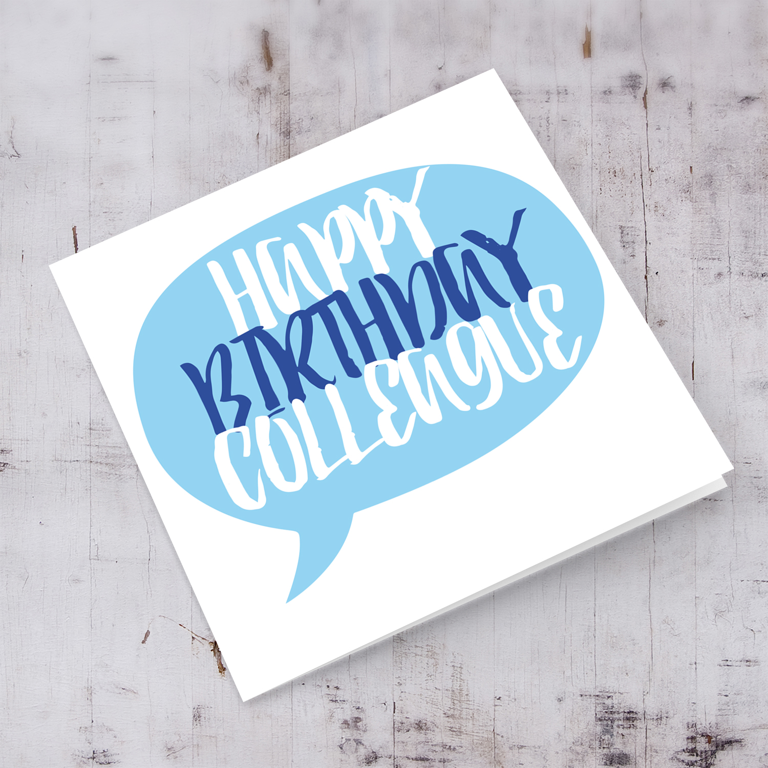 Blue speech bubble themed birthday card for colleague in English