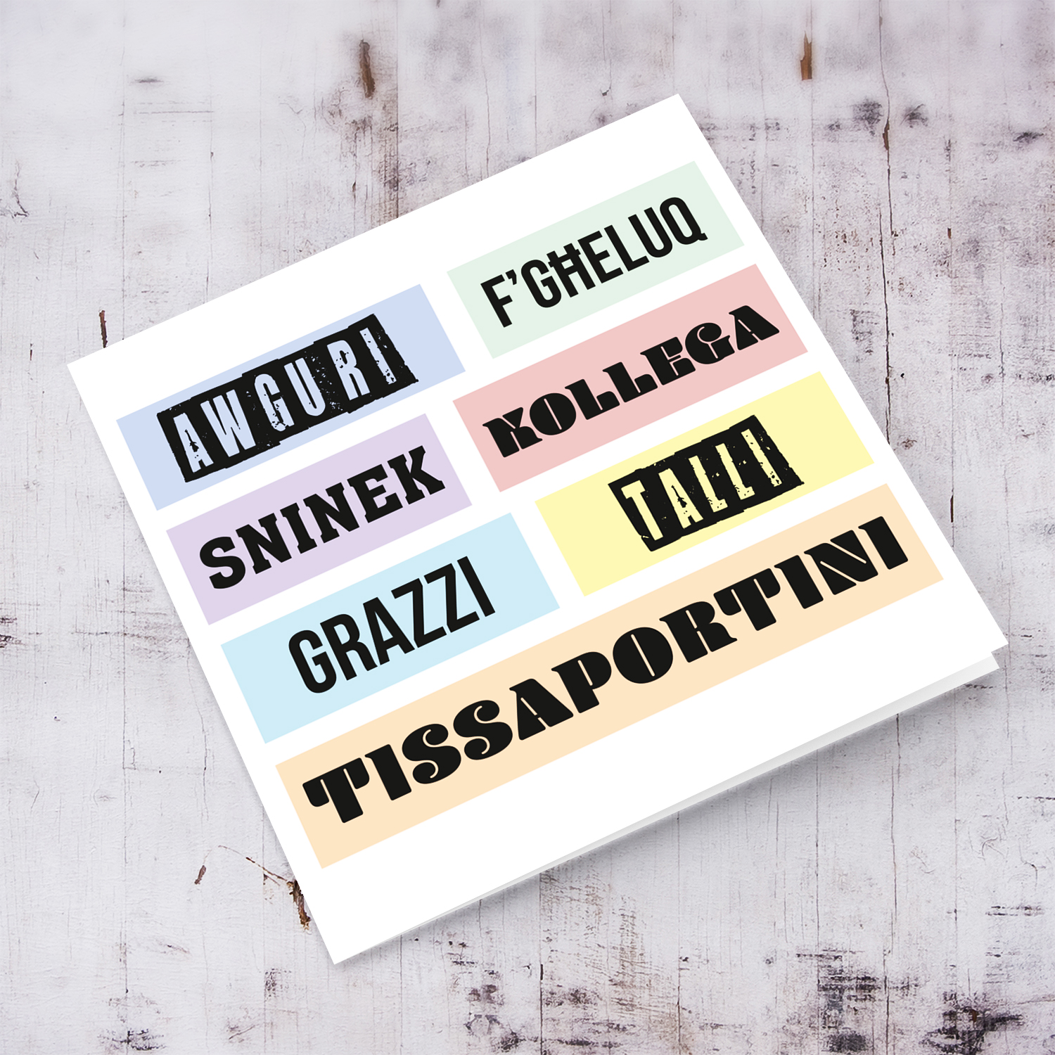 Colourful, modern pastel coloured birthday card for colleague in Maltese