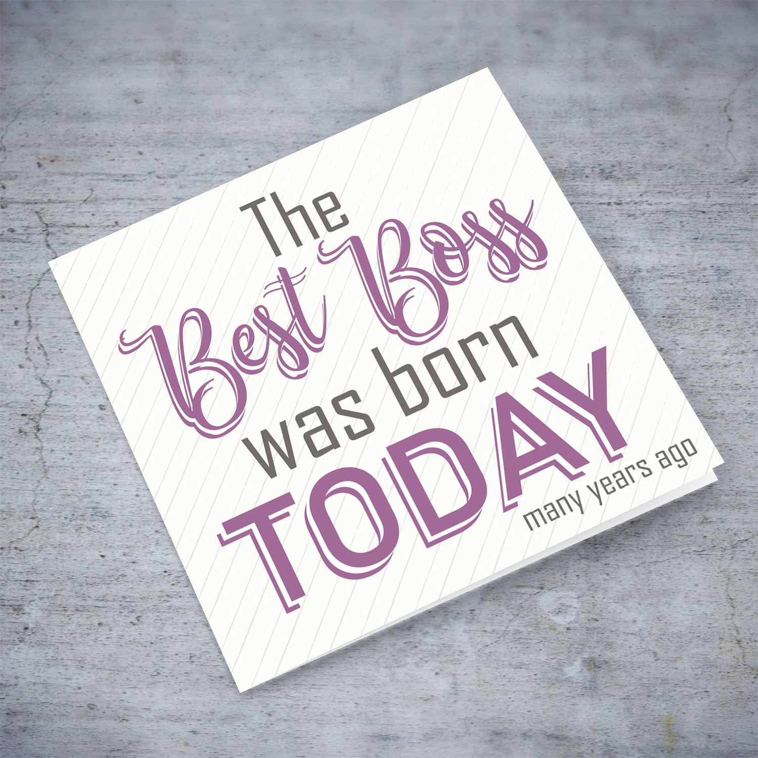 Funny Birthday card for Boss with striped background and shade of purple text in English