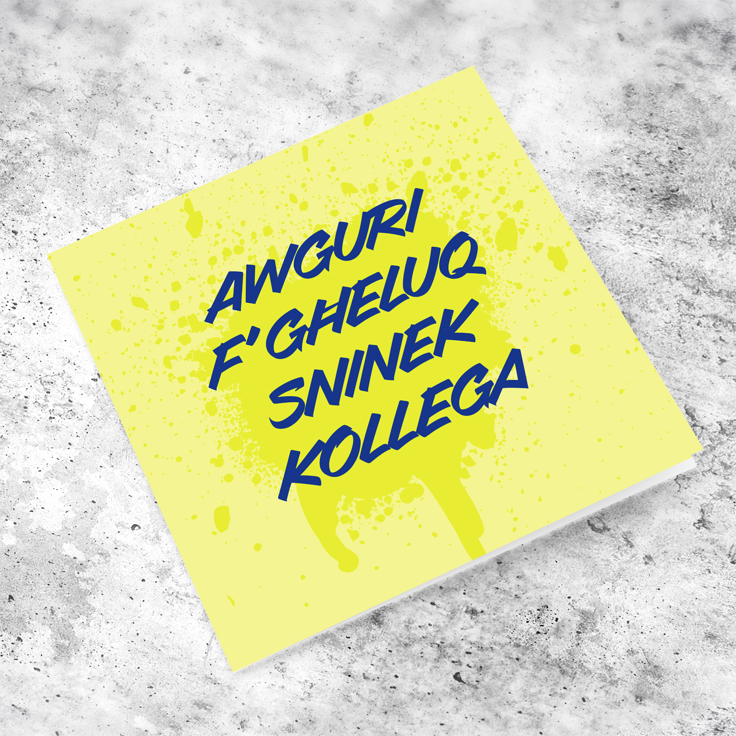 Yellow splattered paint background with blue text birthday card for colleague in Maltese