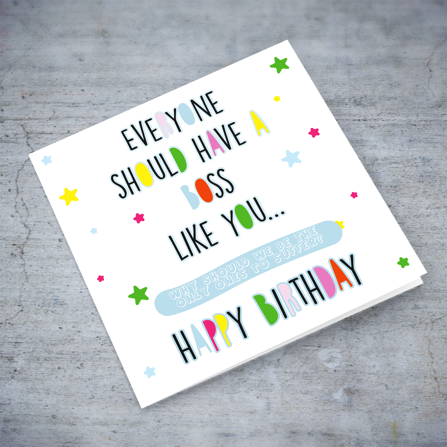 Colourful and funny birthday card for boss (work), with scattered stars in English 
