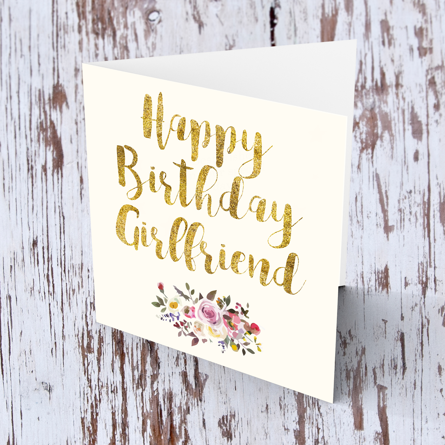 Golden glitter birthday card for girlfriend with flowers in English