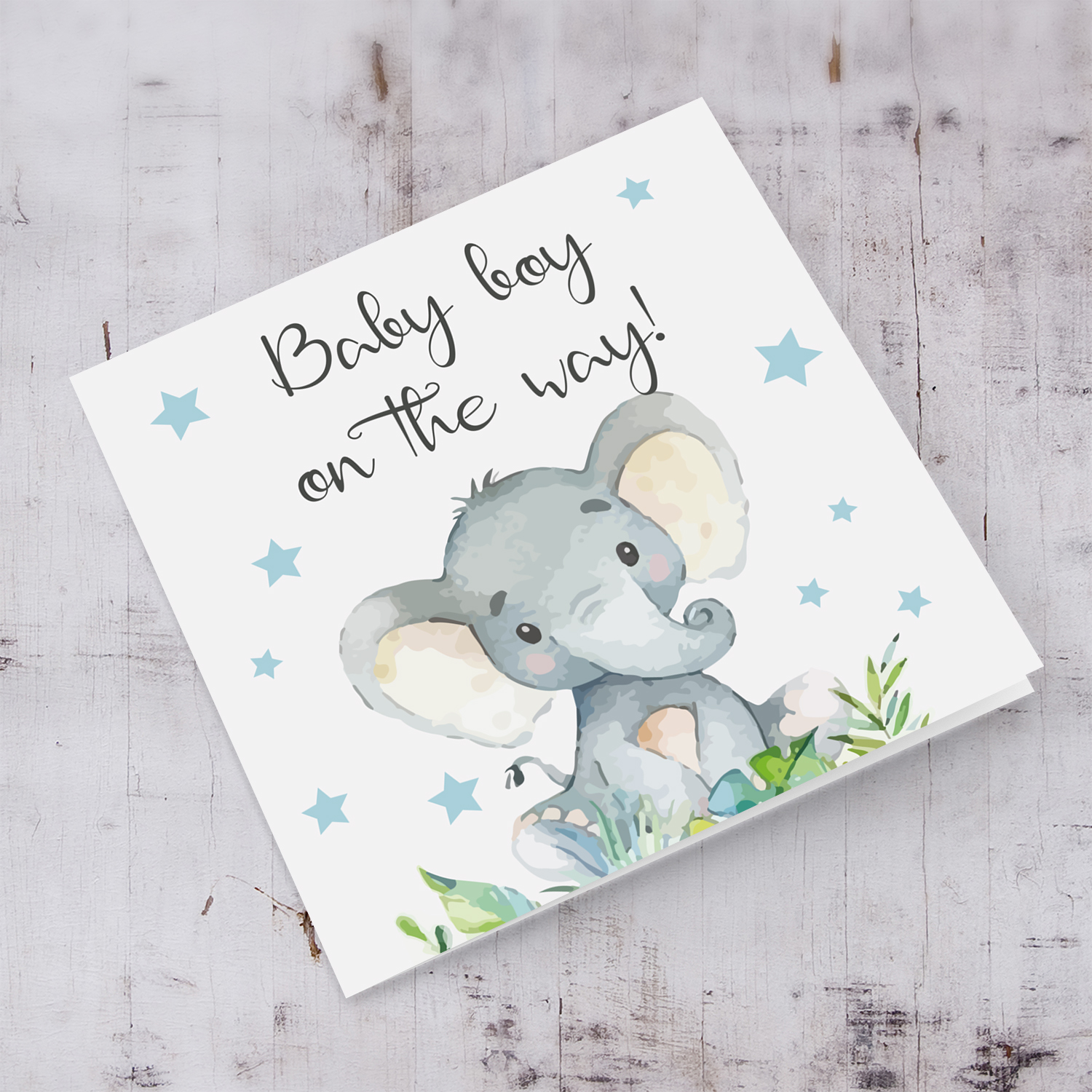 Elephant themed with blue stars baby shower card in English