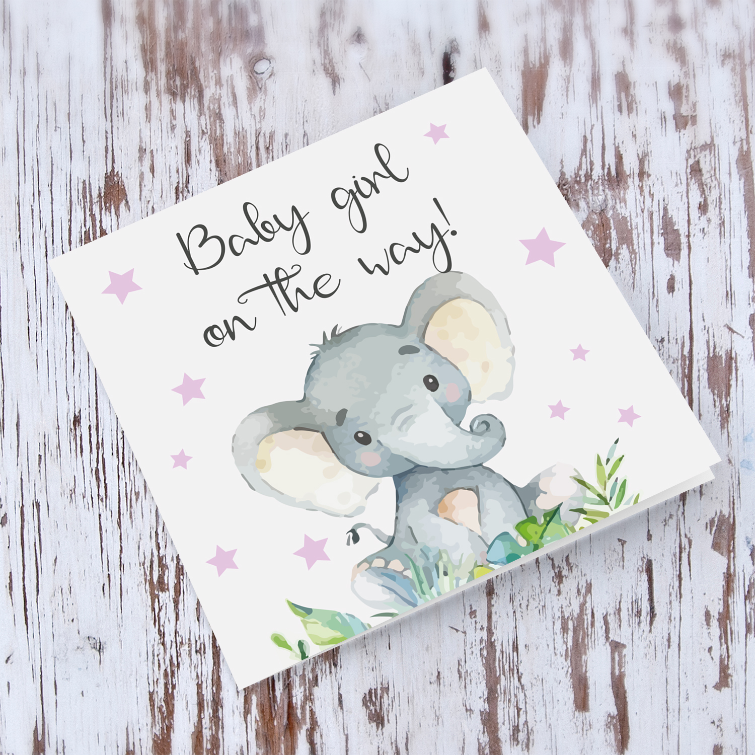 Elephant themed with pink stars baby shower card in English