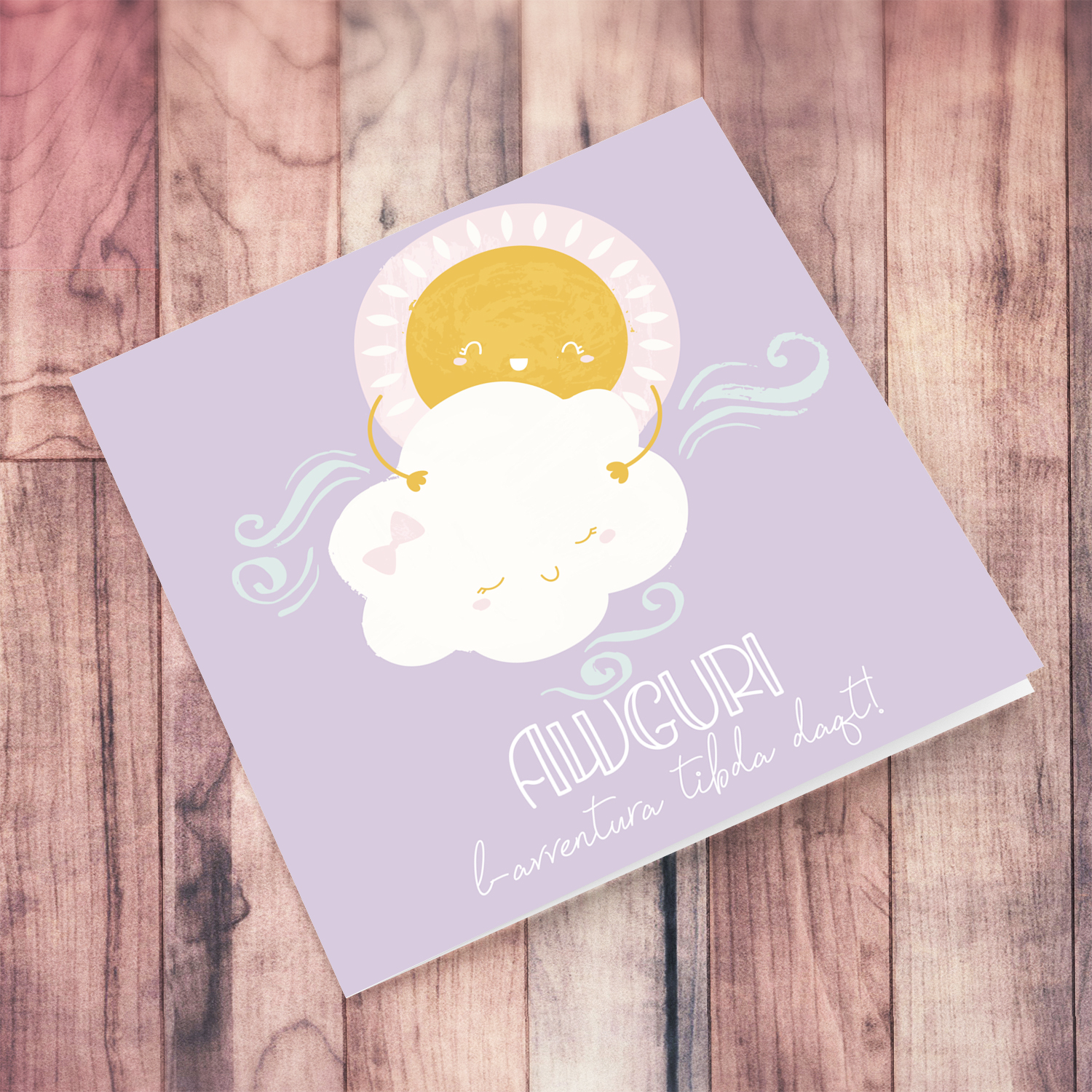 Purple background with sun hugging cloud with pink bow baby shower card in Maltese