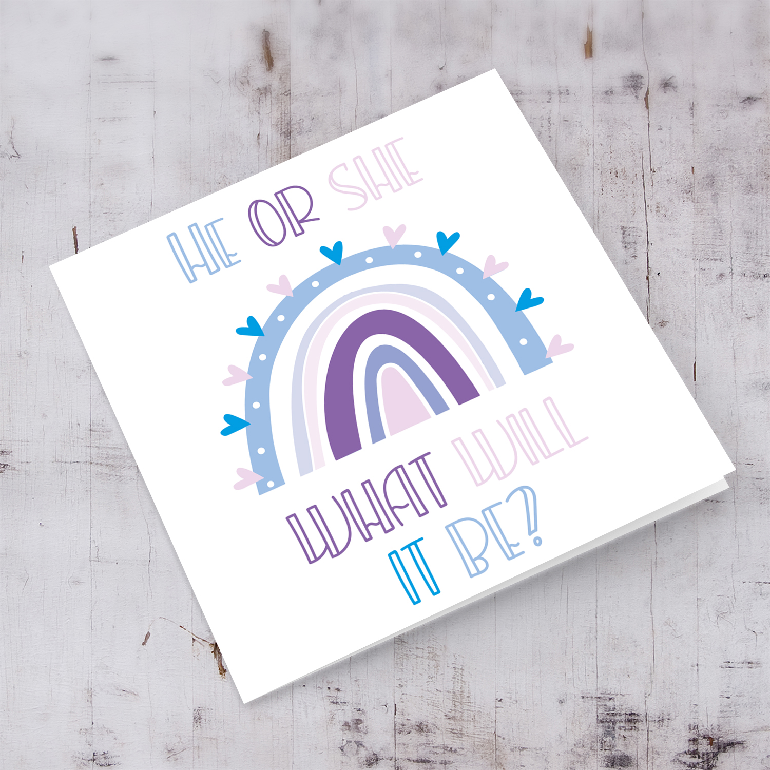 Rainbow themed baby shower card - he or she what will it be? in English