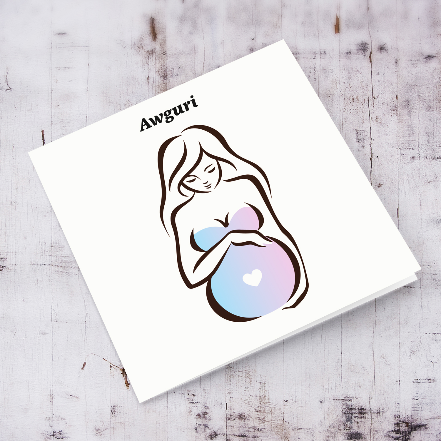 Neutral baby shower card of mum holding baby bump in Maltese 