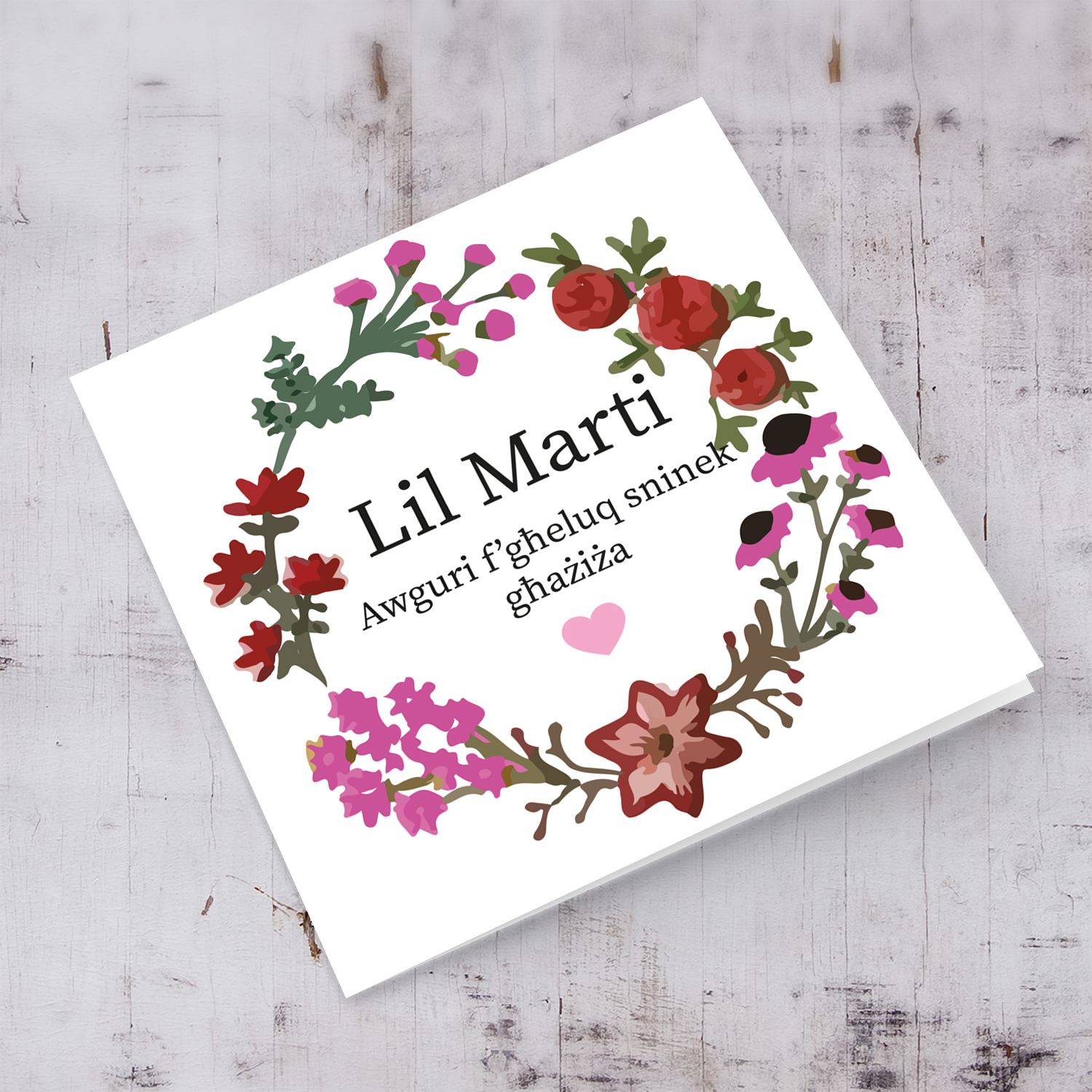 Floral wreath birthday card for wife in Maltese