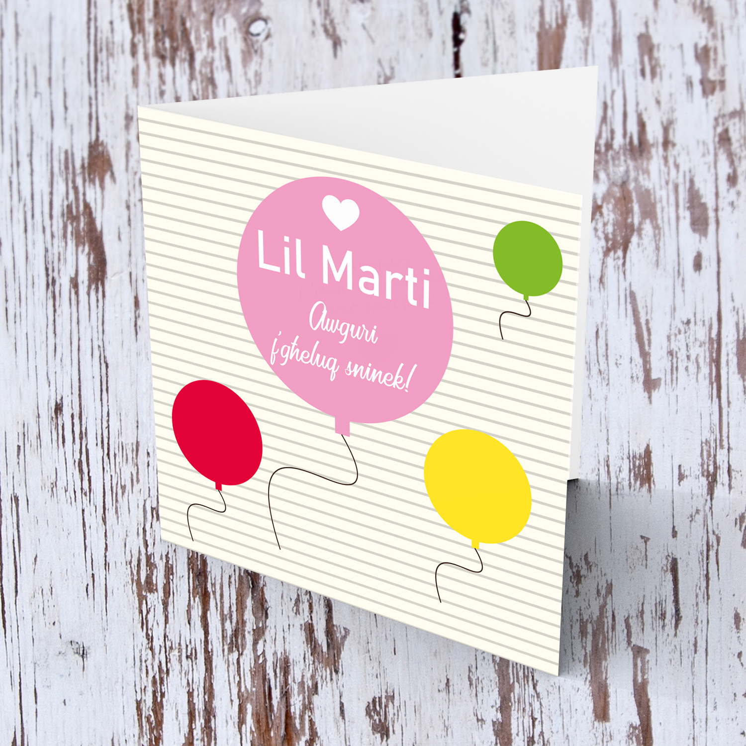 Colourful Balloon themed birthday card with striped background in Maltese for Wife