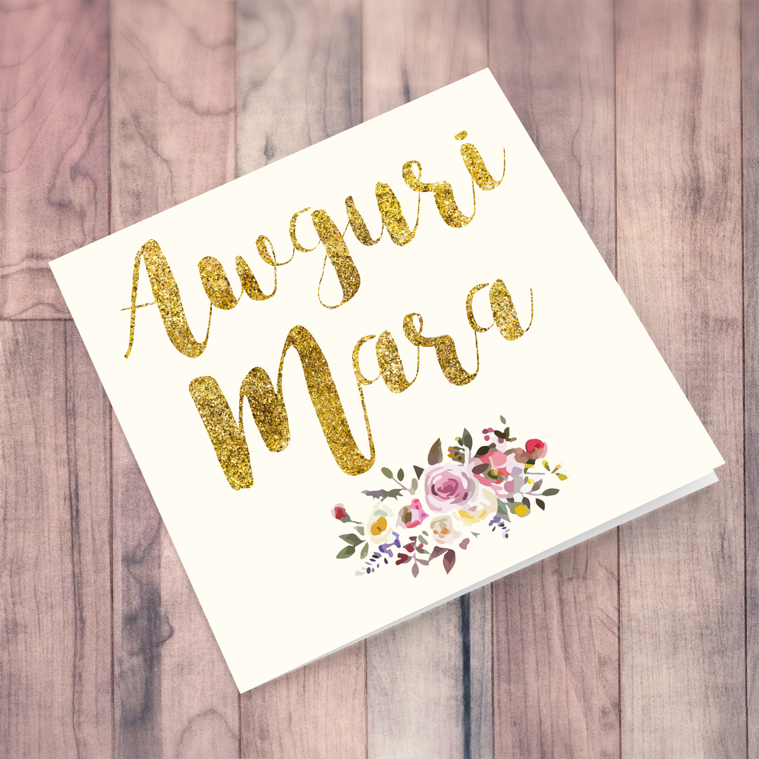 Golden glitter birthday card for wife with flowers in Maltese