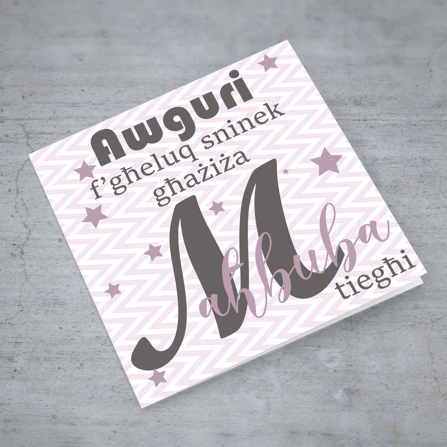 Pink with zigzag background and scattered stars birthday card for my love in Maltese