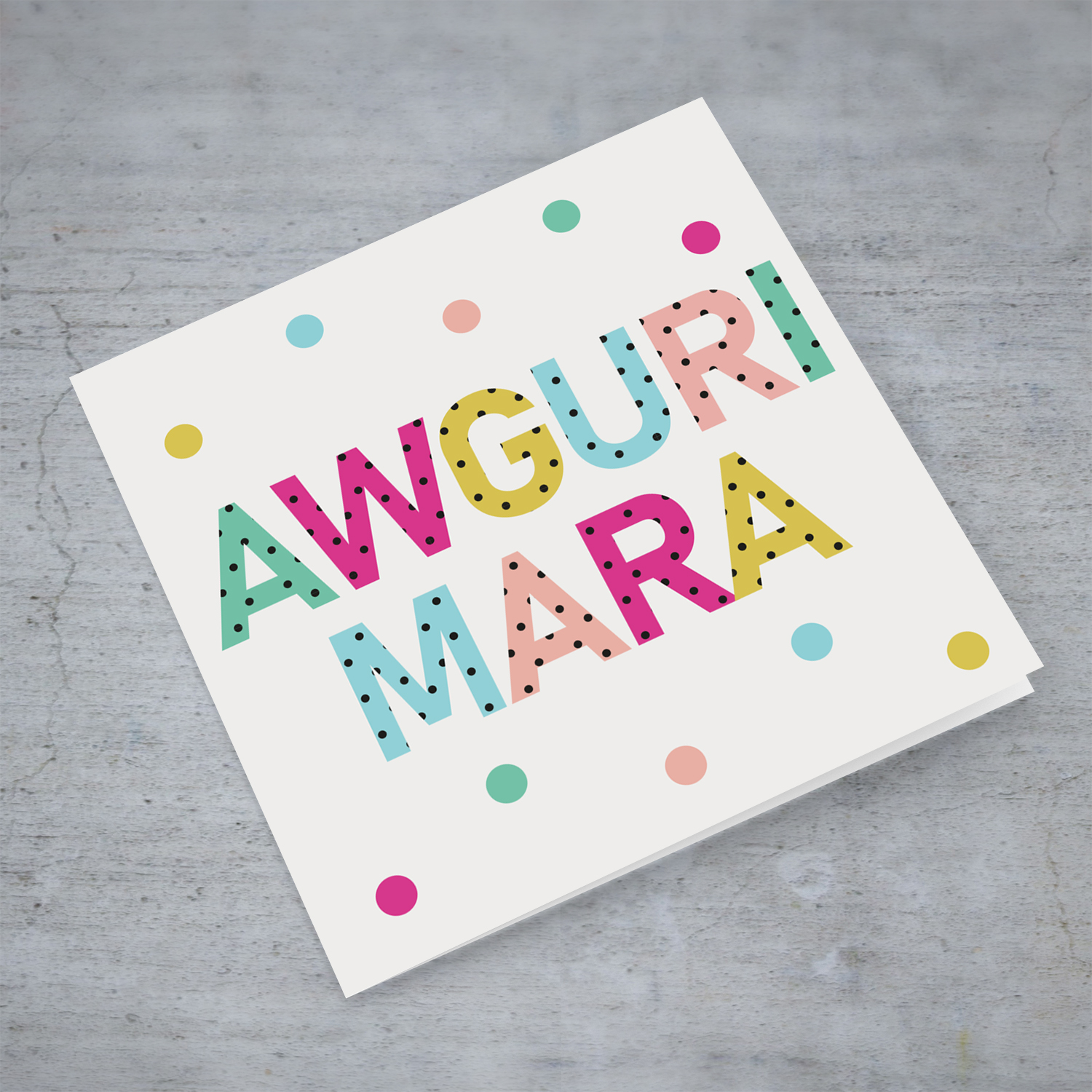 Colourful text with polka dots - Awguri Mara card for wife / girlfriend / partner in Maltese