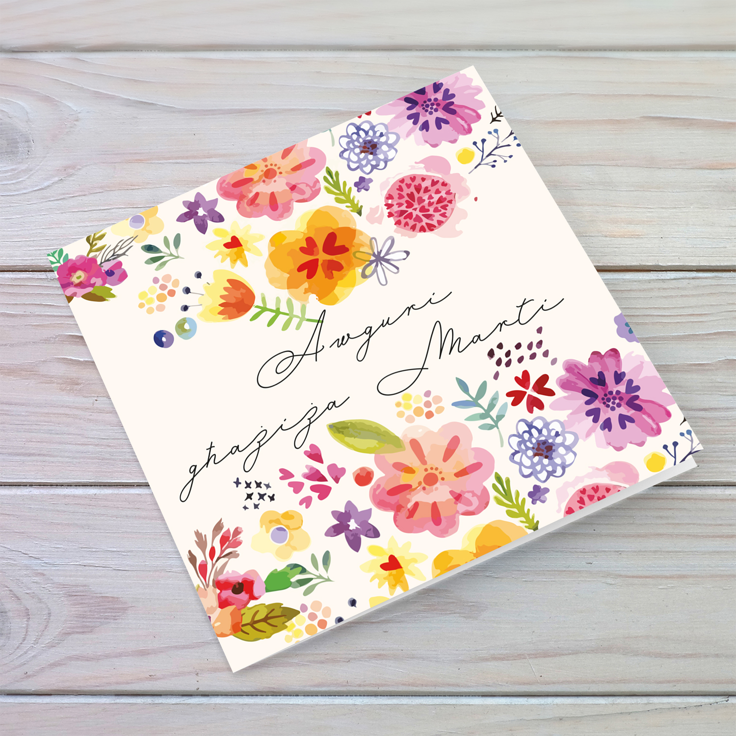 Colourful floral birthday card for wife in Maltese