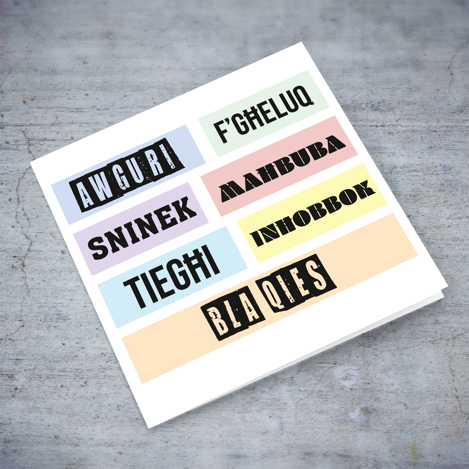 Colourful, modern pastel coloured birthday card for a loved one - wife / girlfriend / partner in Maltese