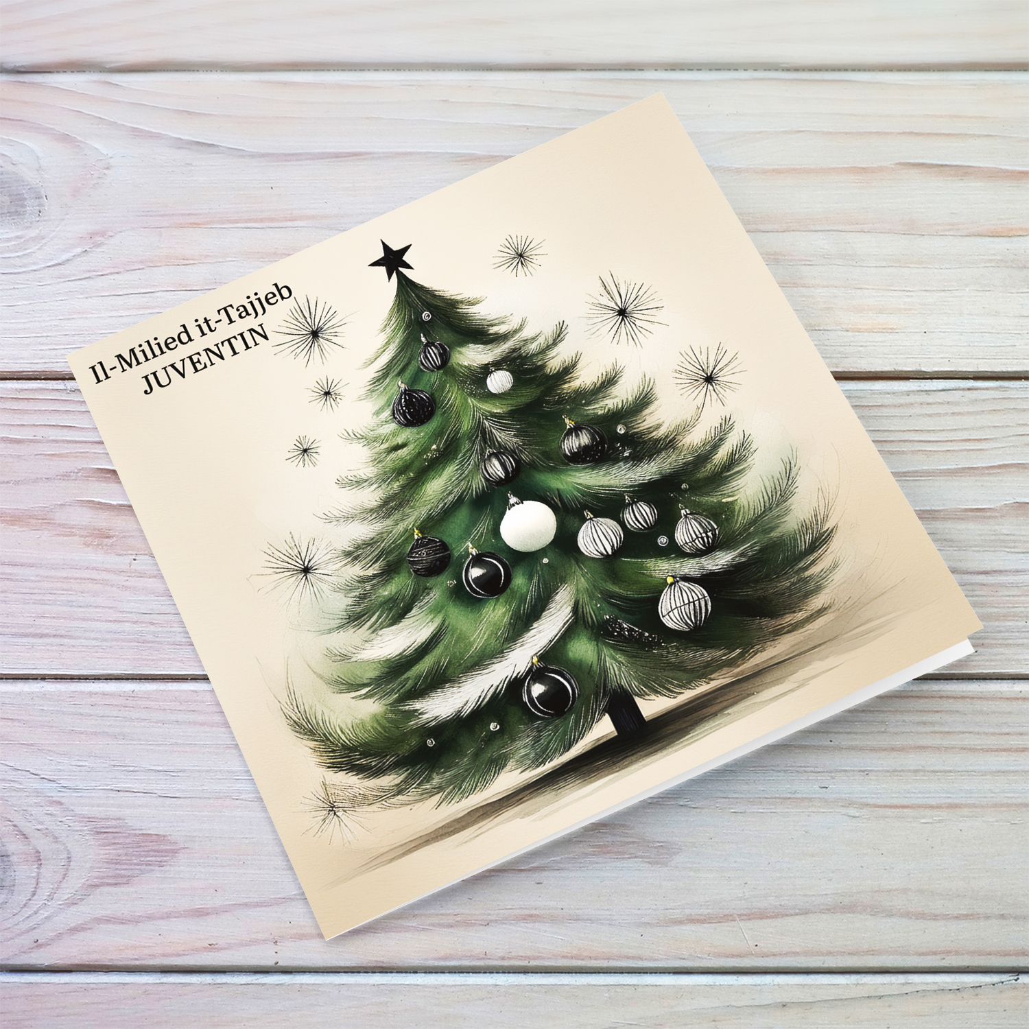 A Christmas tree card featuring black and whtie baubles for the JUVENTUS Football Fans in Maltese