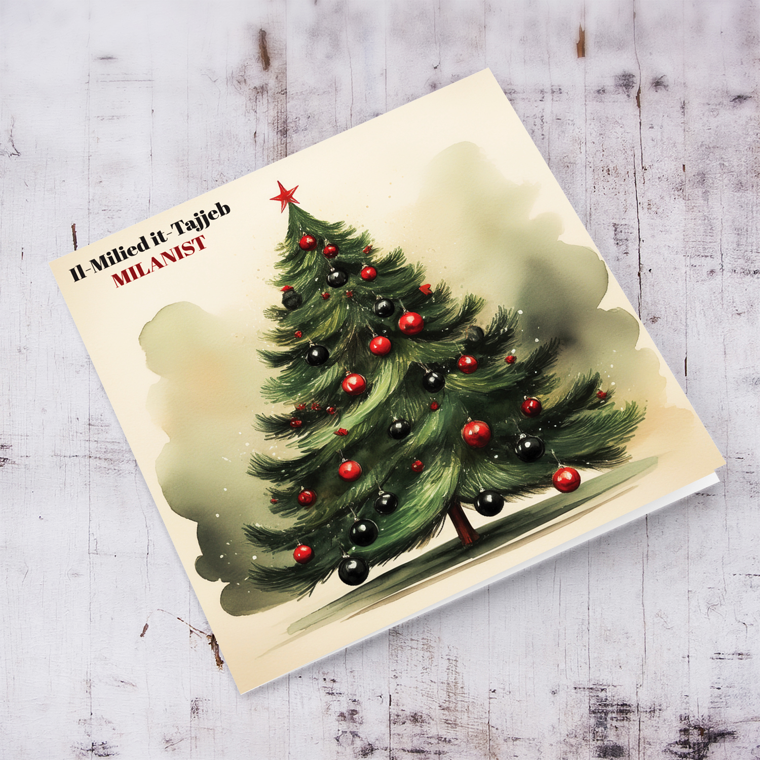 A Christmas tree card featuring black and red baubles for the MILAN Football Fans in Maltese