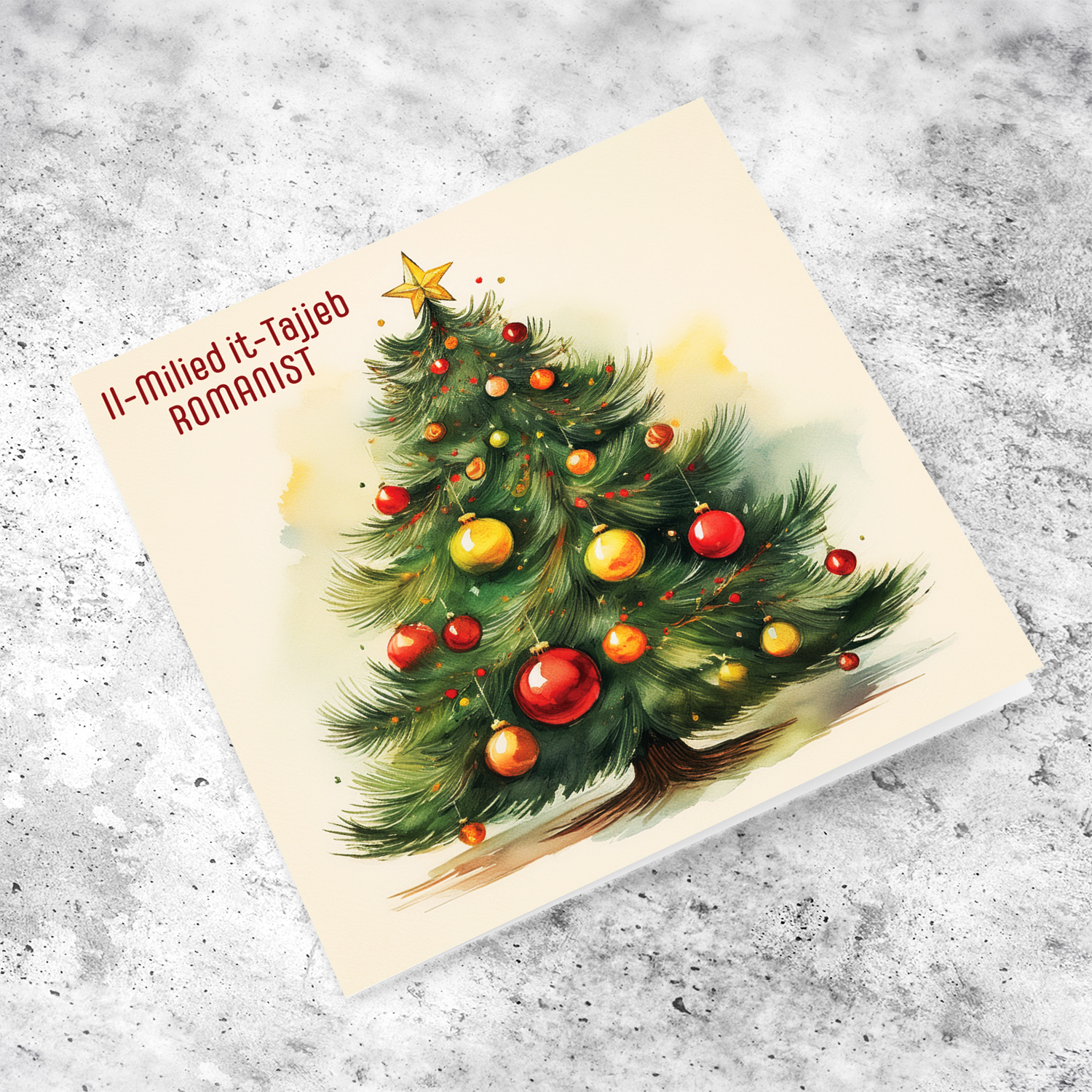 A Christmas tree card featuring red and yellow baubles for the ROMA Football Fans in Maltese