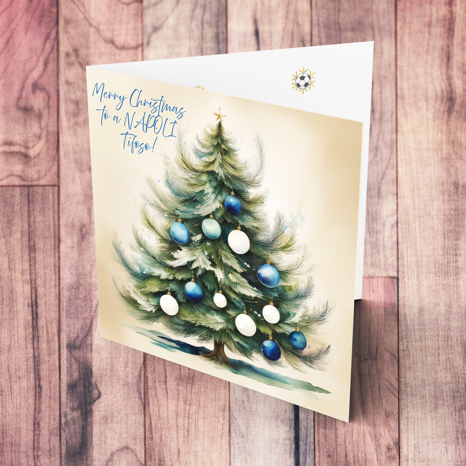 A Christmas tree card featuring white and light blue baubles for the NAPOLI Football Fans in English