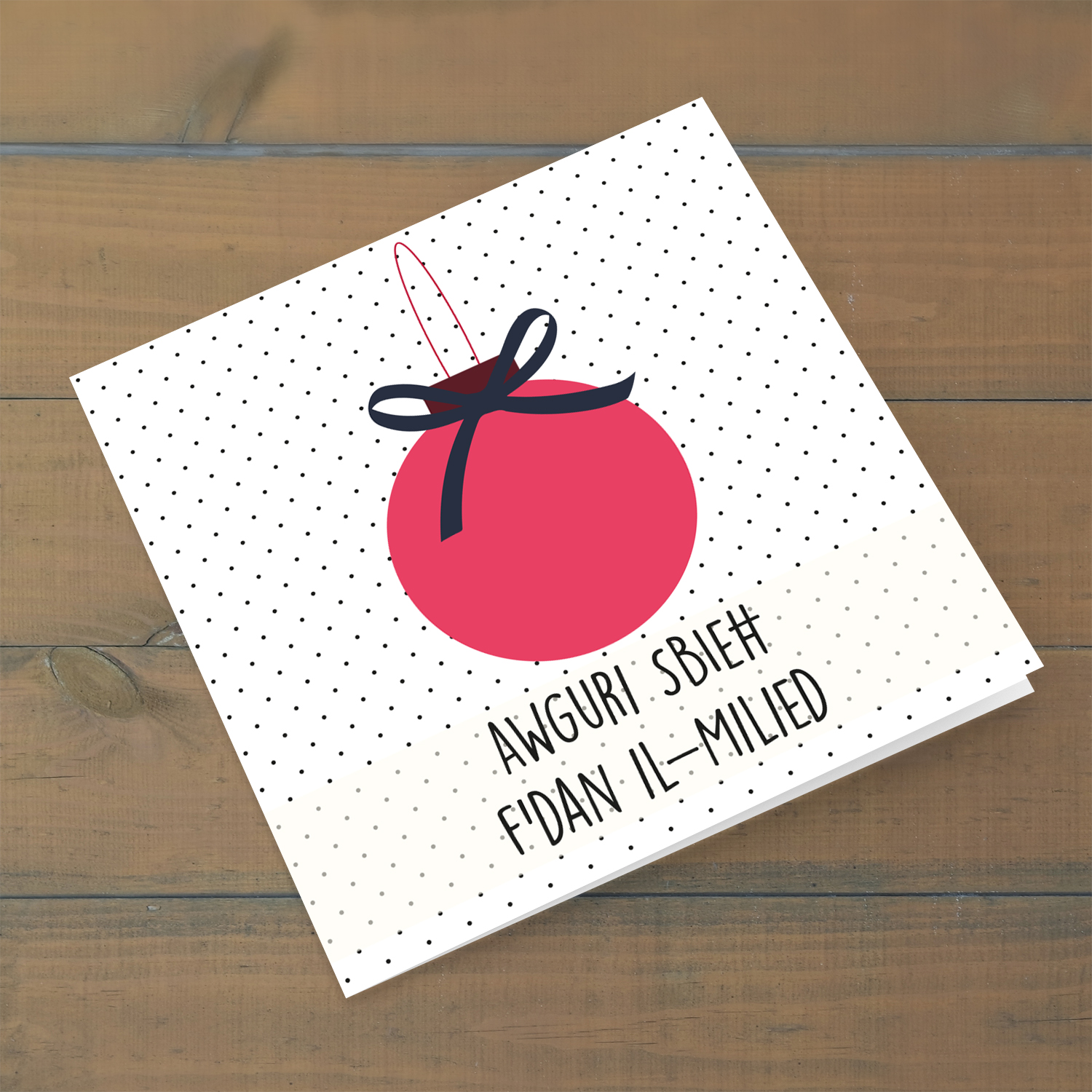 Red bauble themed Christmas card in Maltese