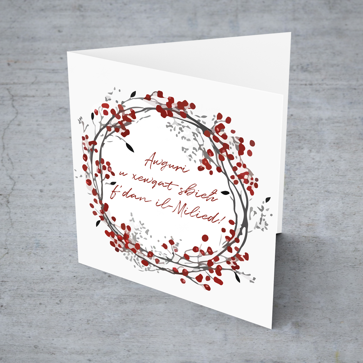 Christmas holly themed Christmas card in Maltese