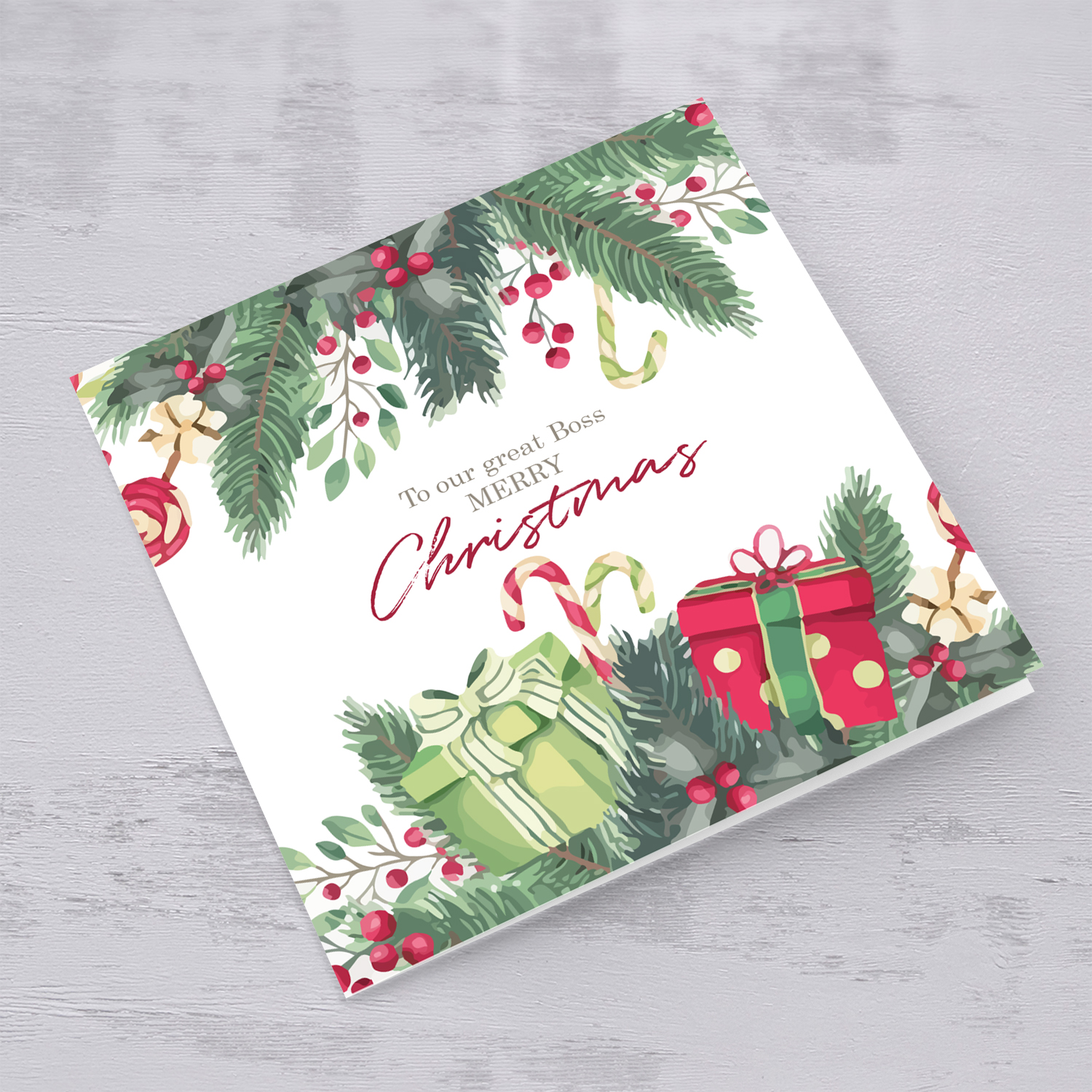 Boss - Christmas card for boss with christmas tree decoration and presents in English
