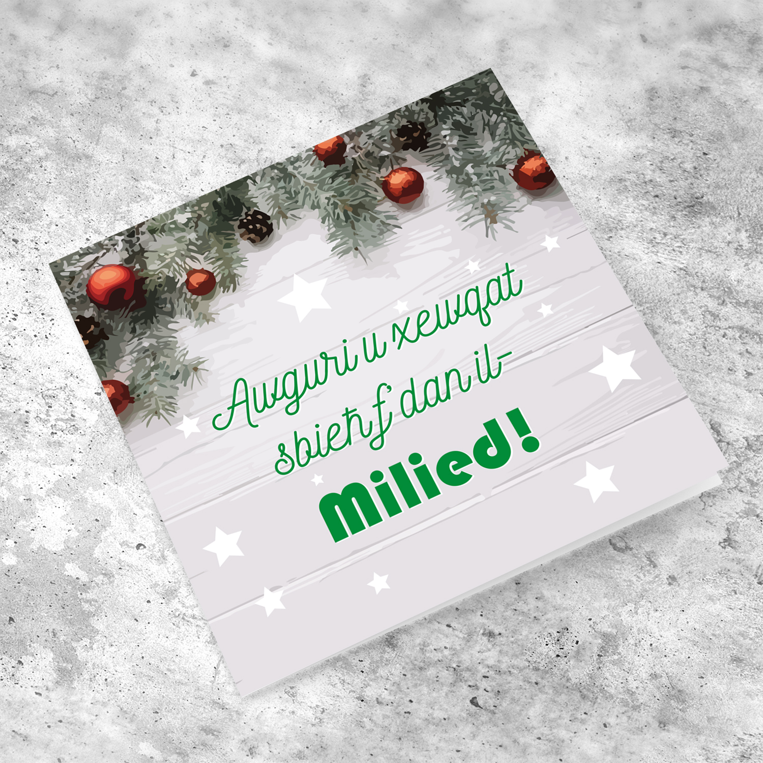 Christmas card with stars and red baubles in Maltese
