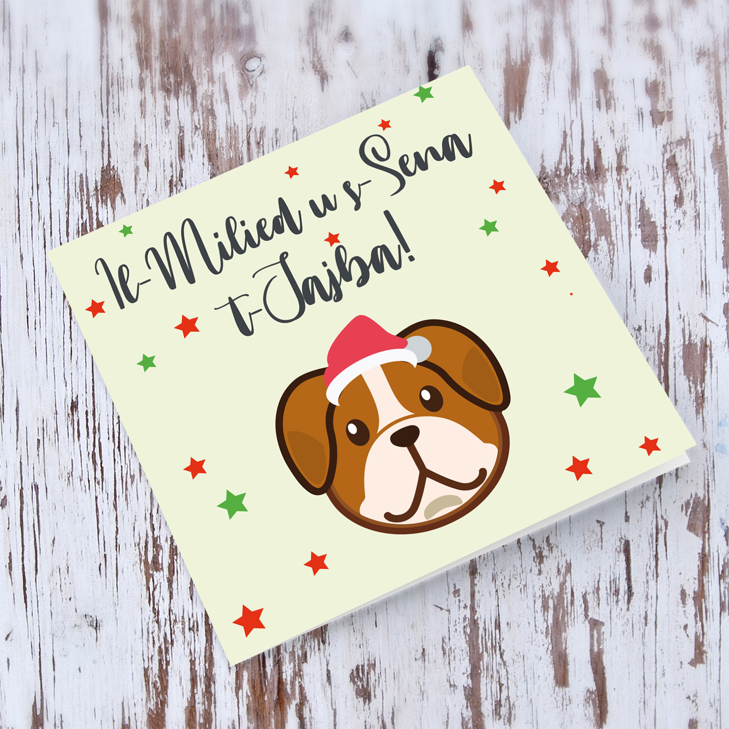 Dog themed Christmas card wearing Santa hat in Maltese