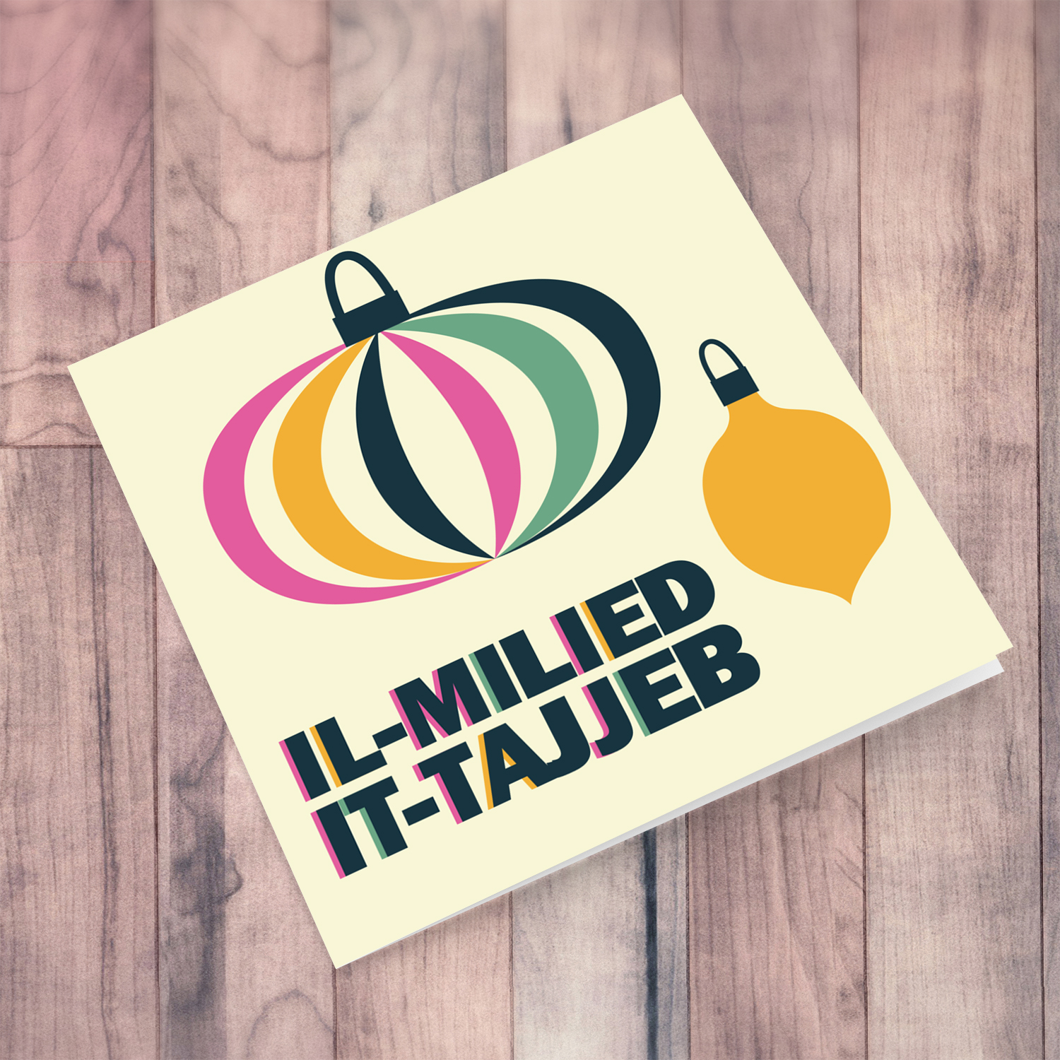 Colourful bauble Christmas card in Maltese