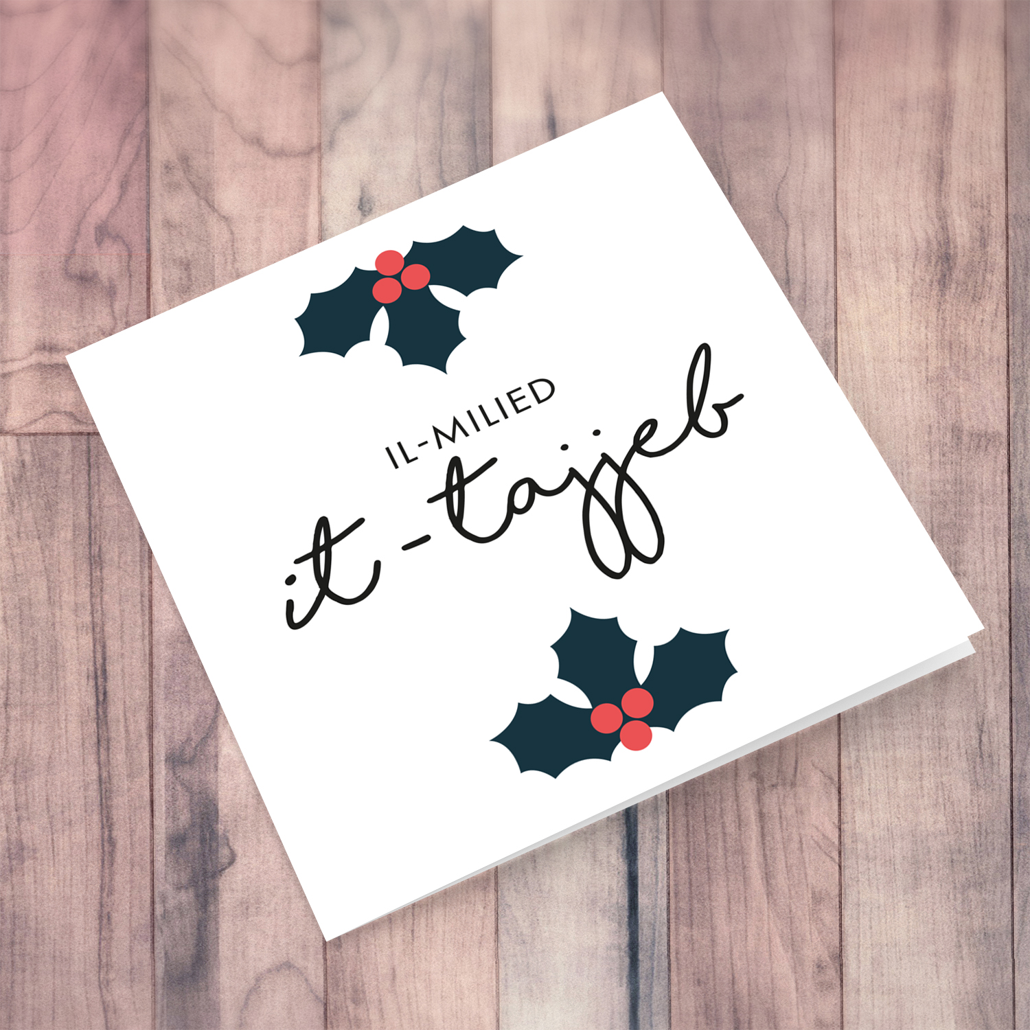 Minimalist Christmas card with hollies in Maltese
