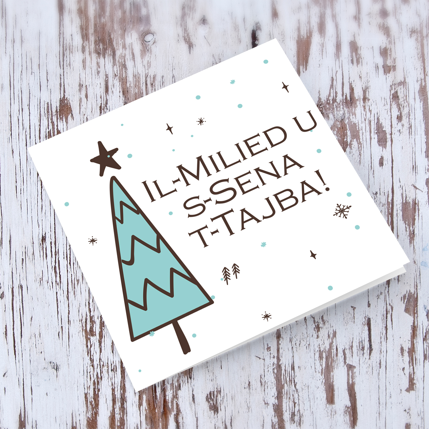 Minimalist Christmas card with snow and snowflakes in Maltese