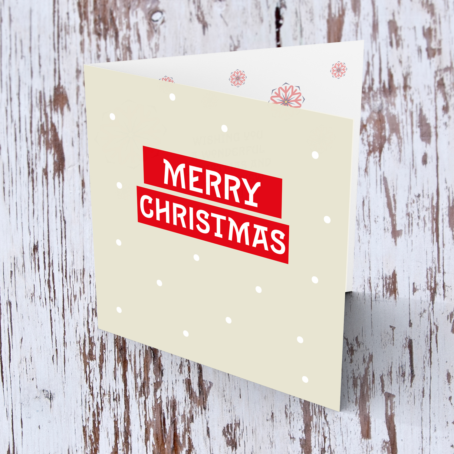 Cream background with red rectangles and snow Christmas card in English