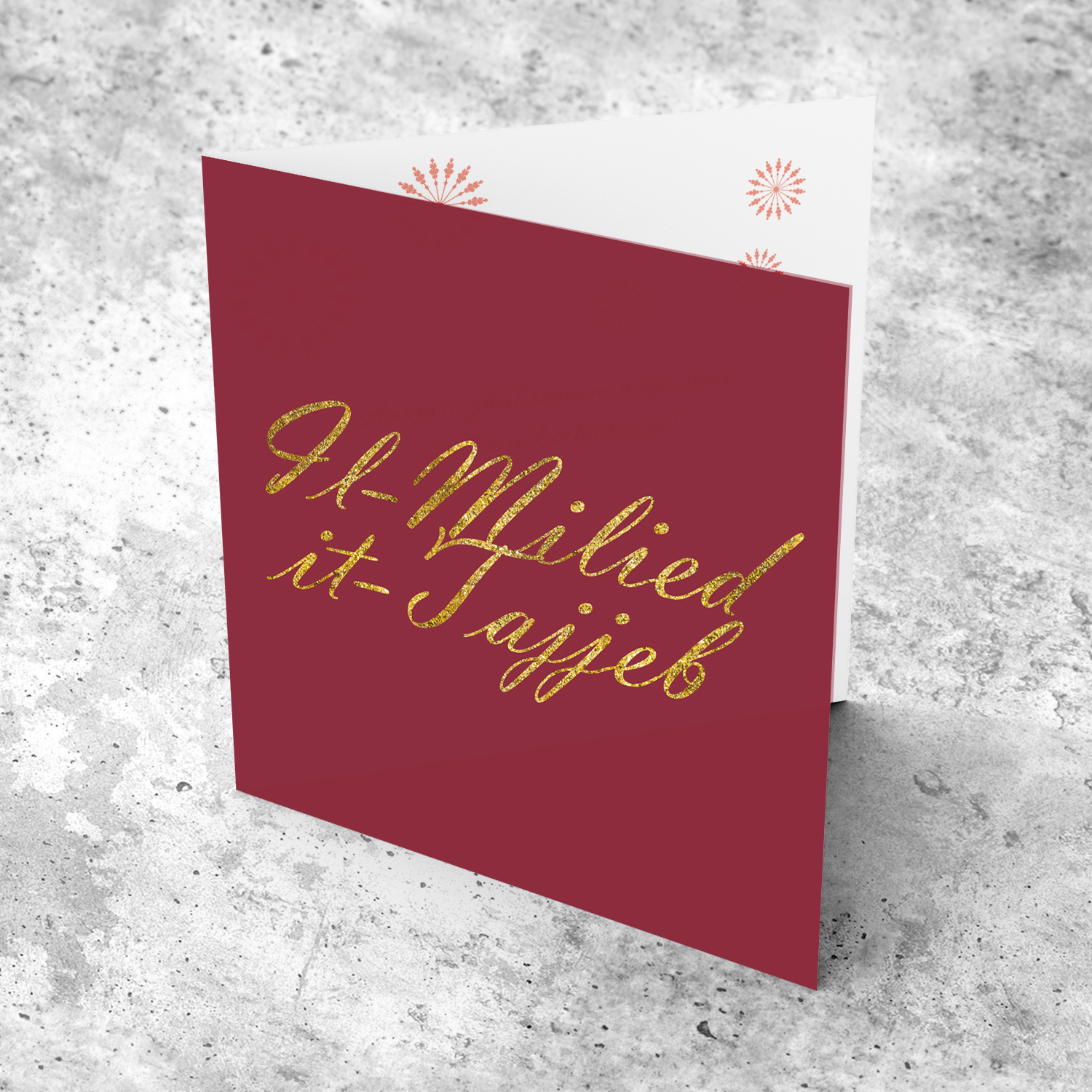 Golden glitter open Christmas card in Maltese