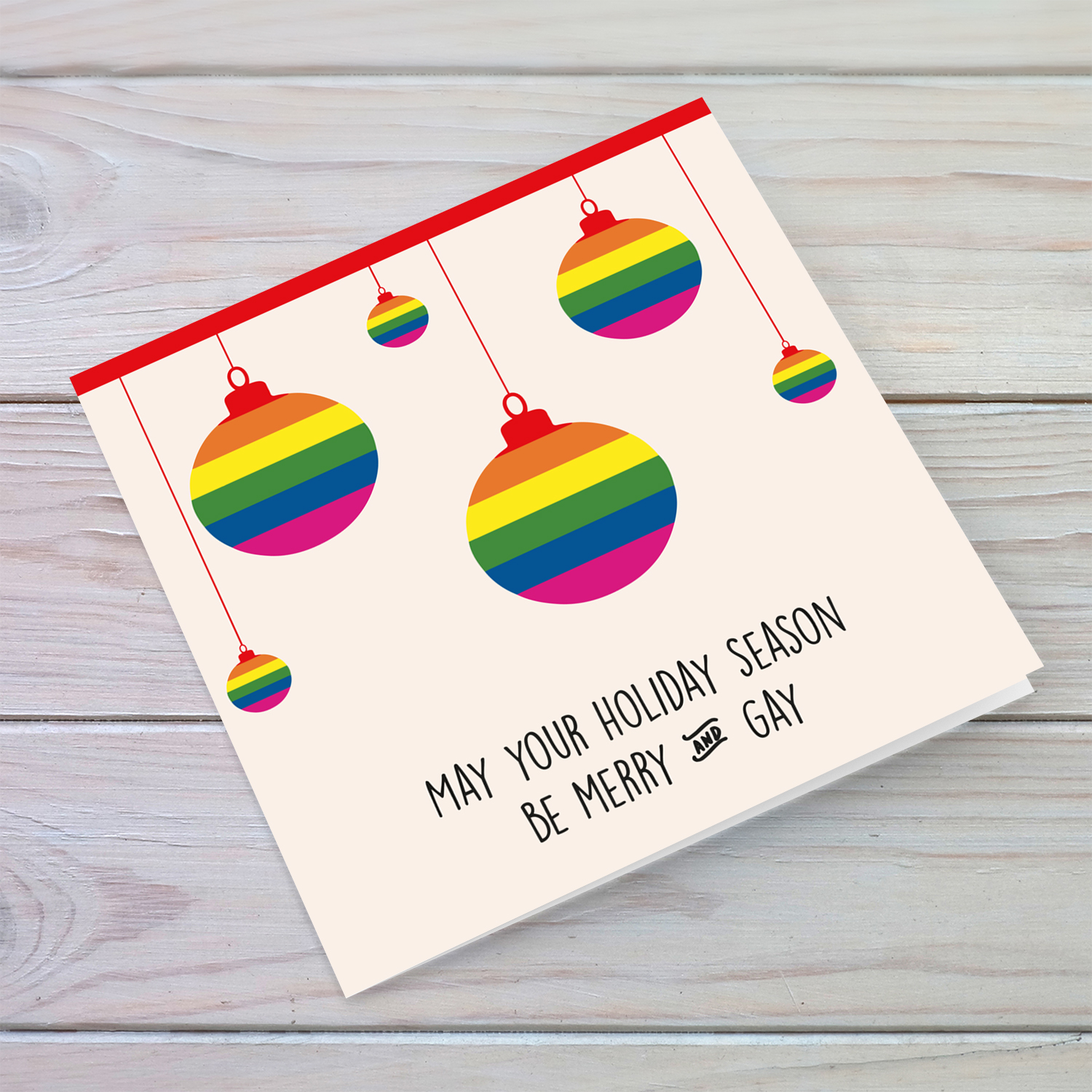 Rainbow hanging baubles Christmas card in English