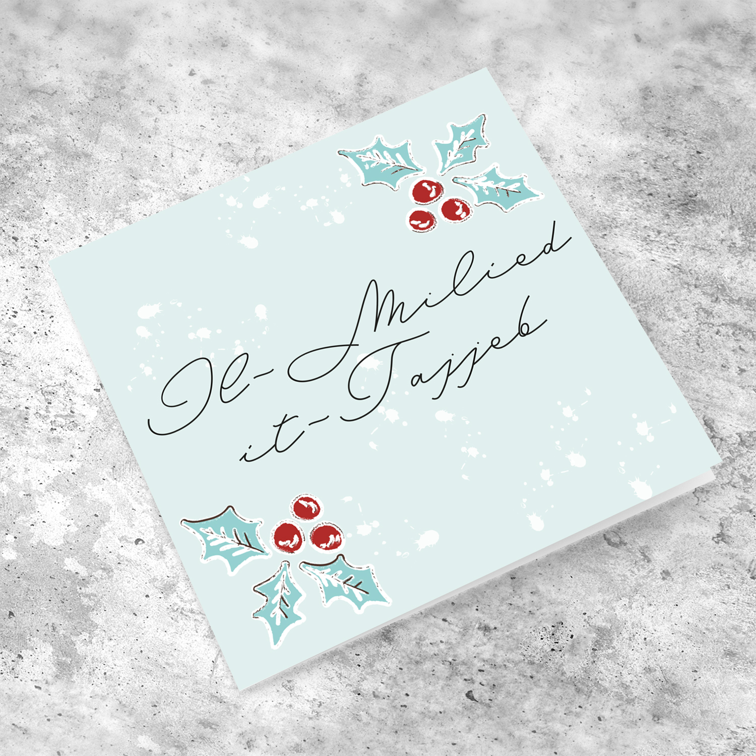 Christmas holly, scattered snow, and light background Christmas card in Maltese