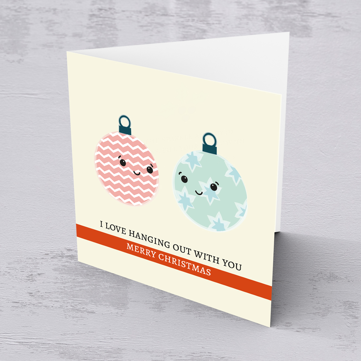 Cute two baubles hanging around Christmas Card in English