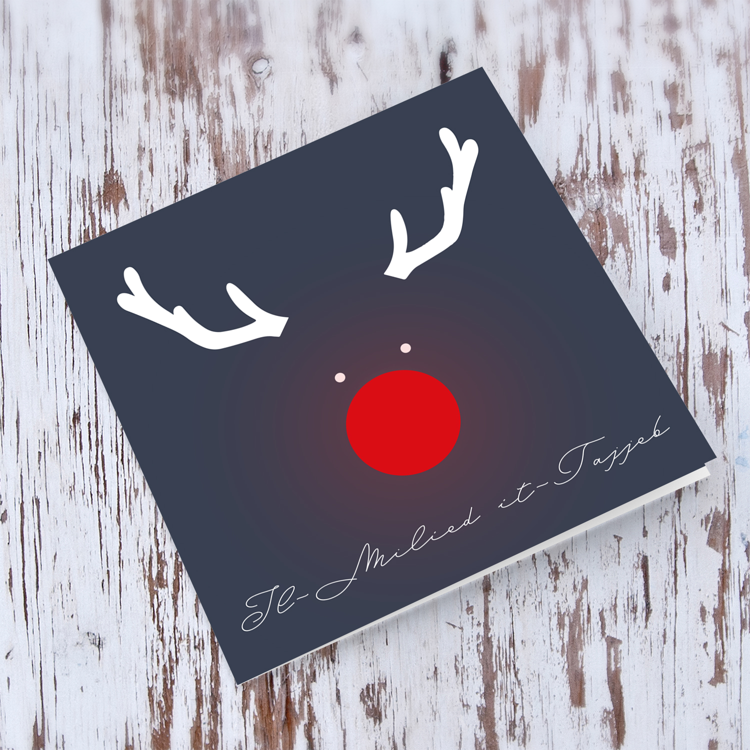 Big red glowing  Reindeer Rudolph's nose Christmas Card in Maltese