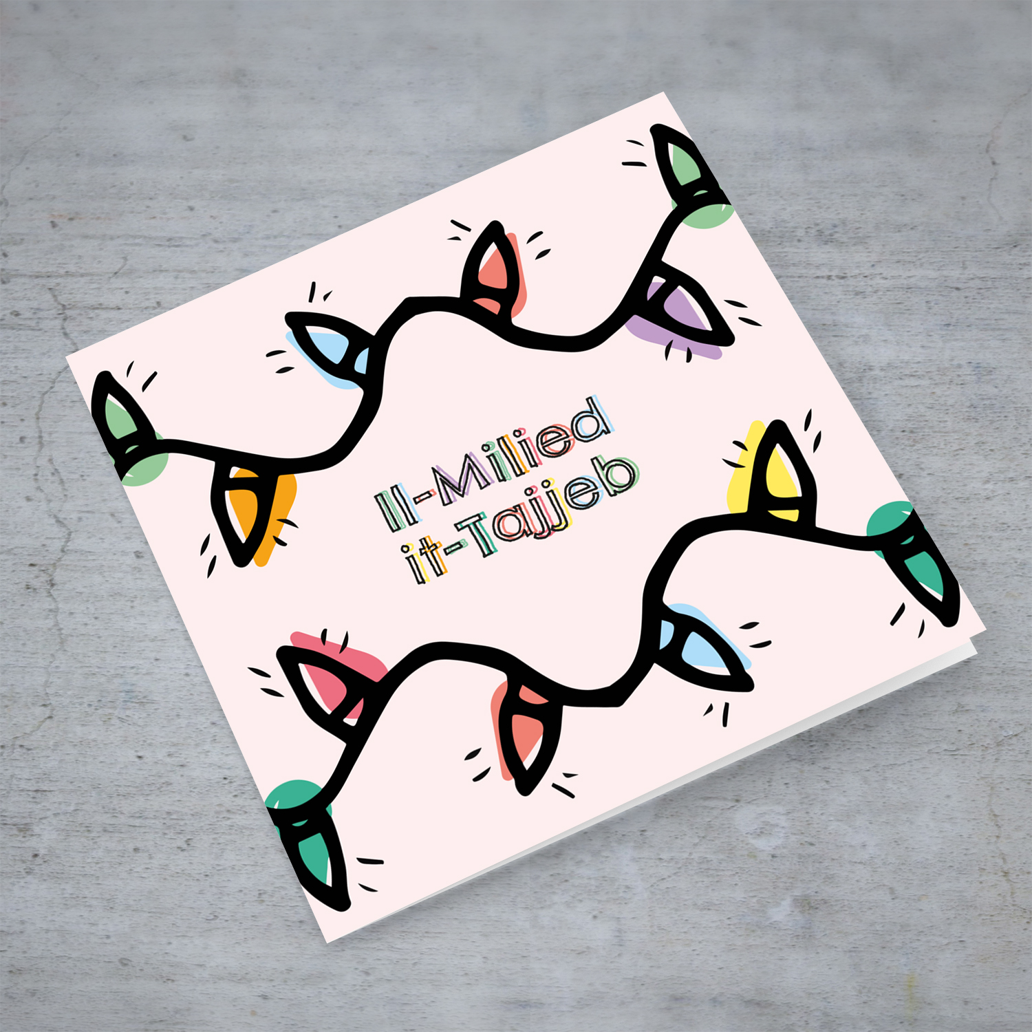 Colourful lightbulb themed christmas card in Maltese