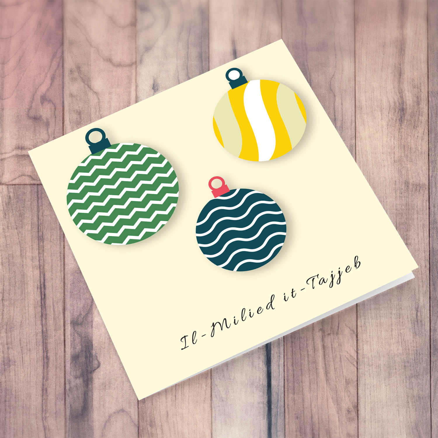 Three baubles with different patterns Christmas card in Maltese