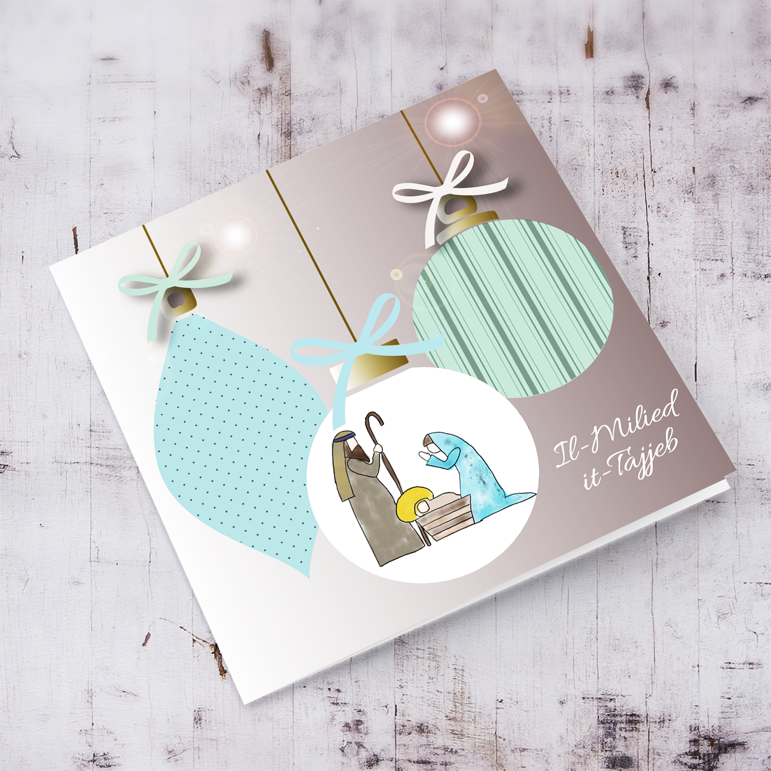 Nativity scene in bauble themed card in Maltese