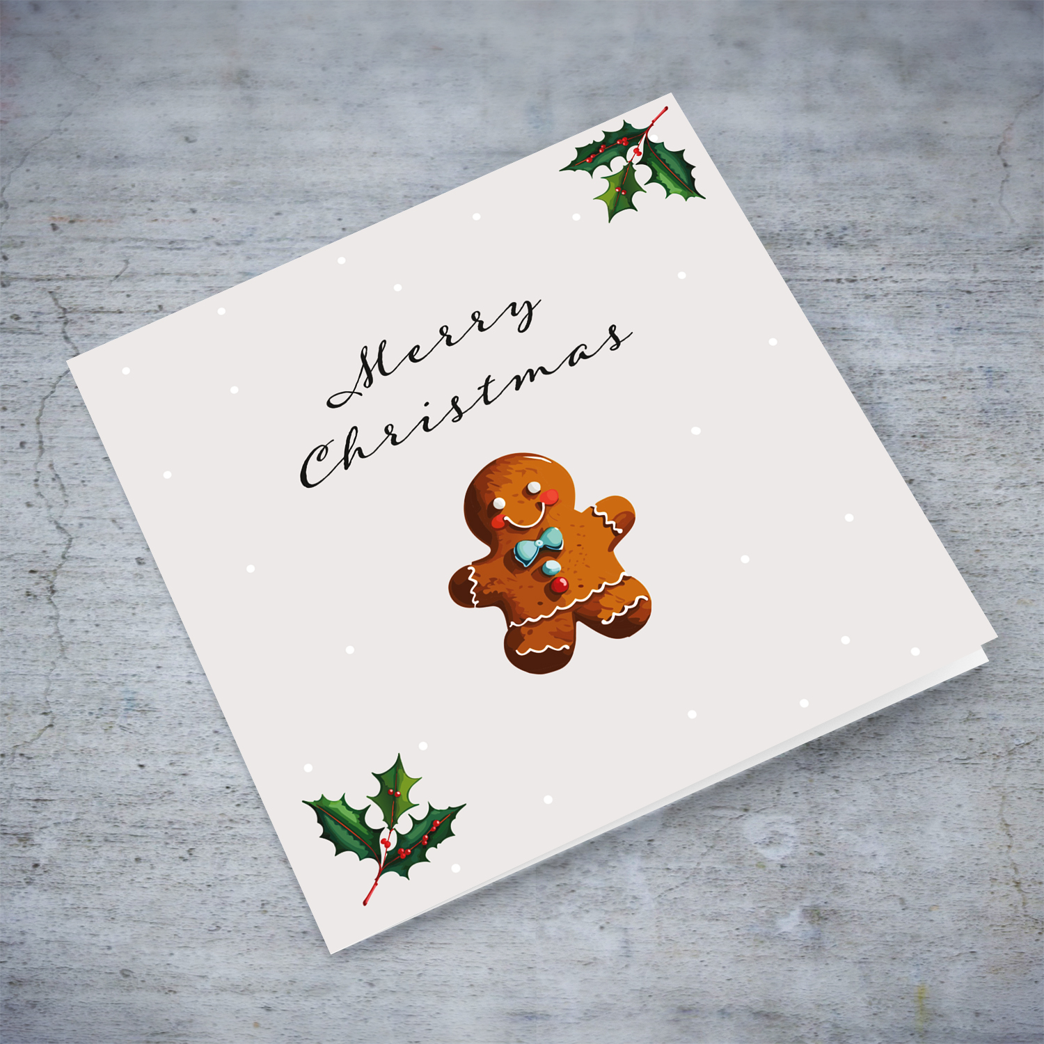 Cute gingerbread themed Christmas card with hollies in English
