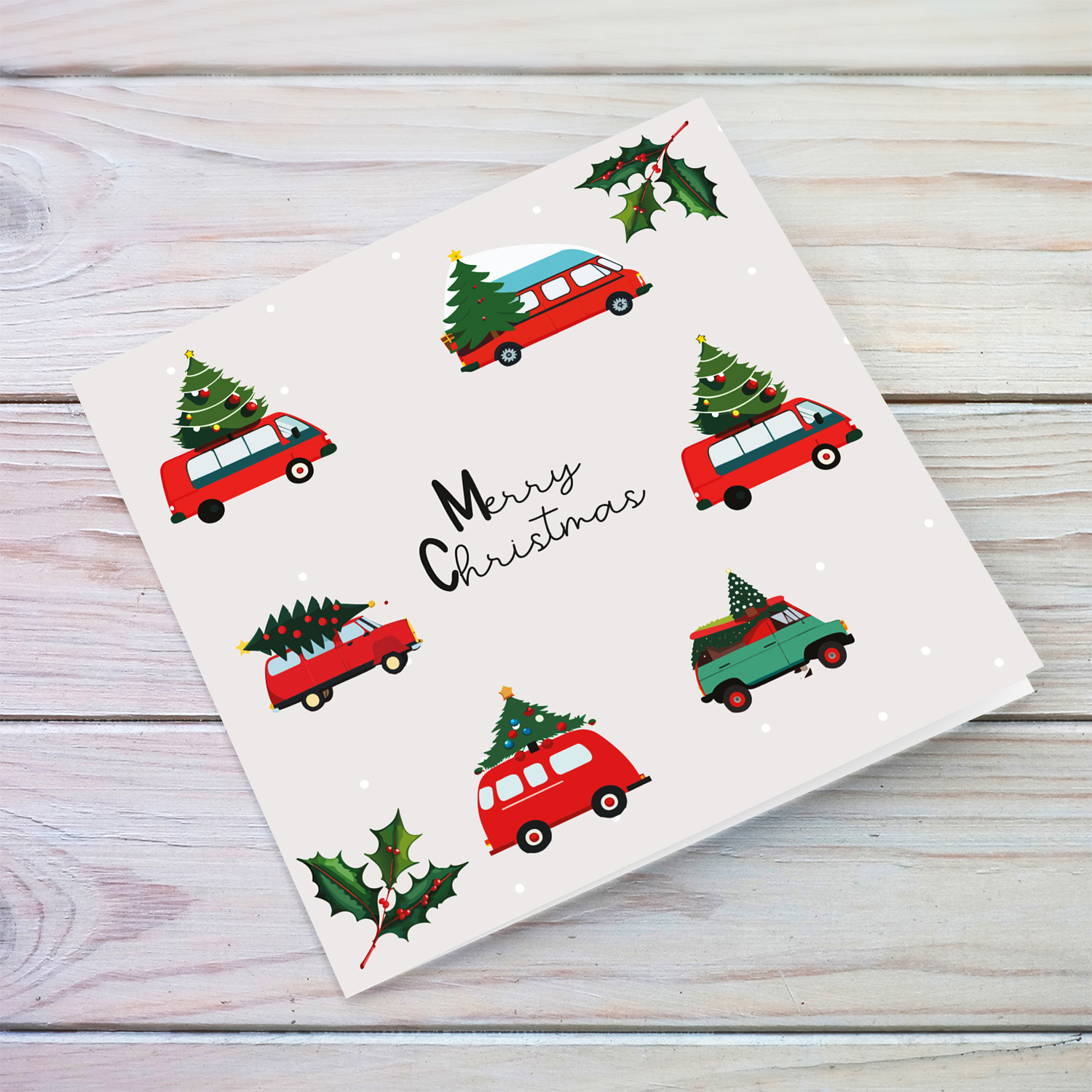 Vehicles carrying Christmas trees Christmas card in English