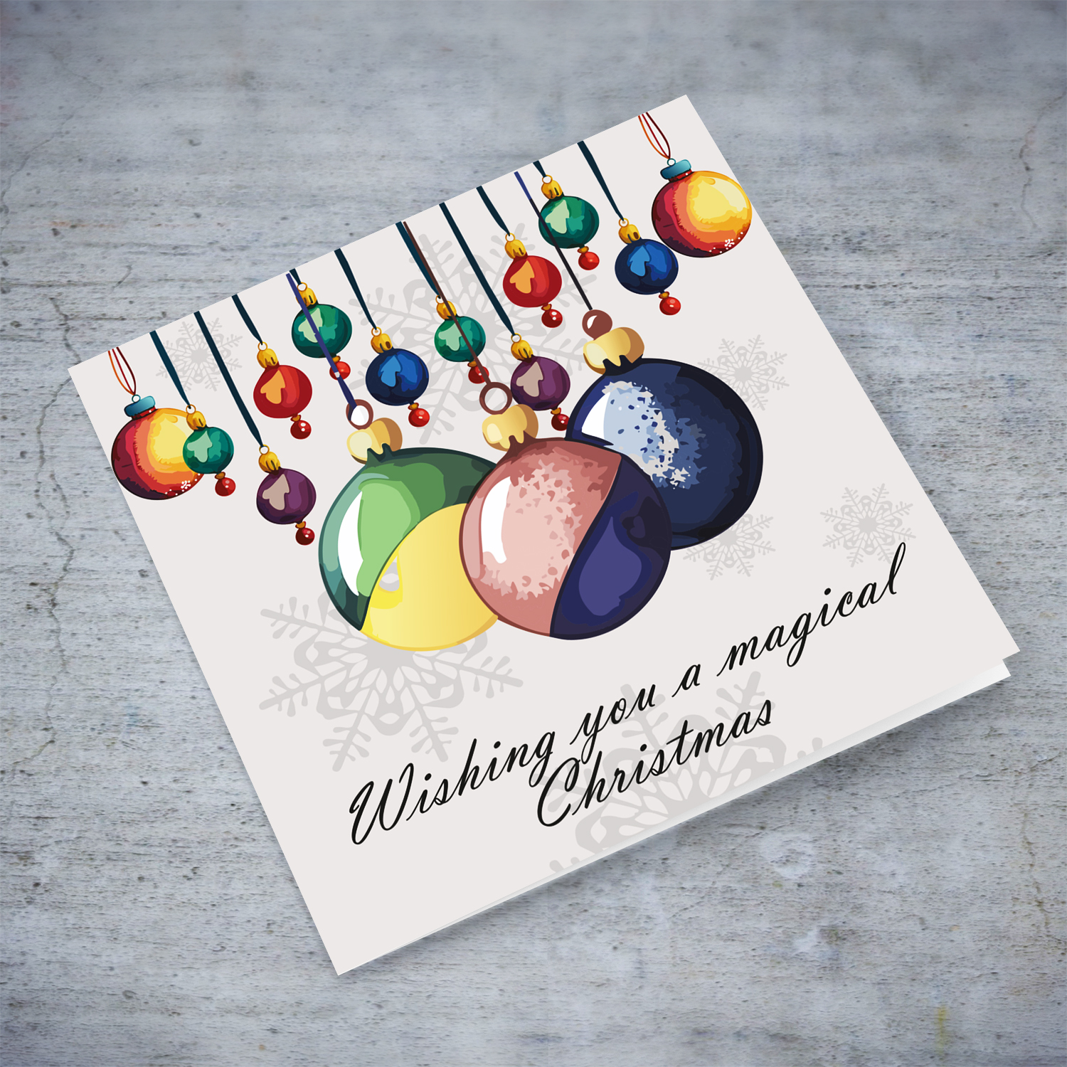 Colourful hanging baubles - Wishing you a magical Christmas in English