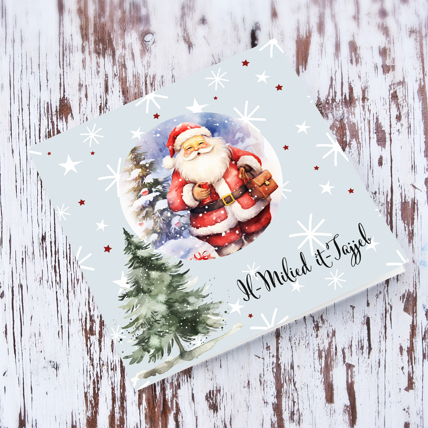Cute Father Christmas themed Xmas card with scattered white flakes and red stars in Maltese