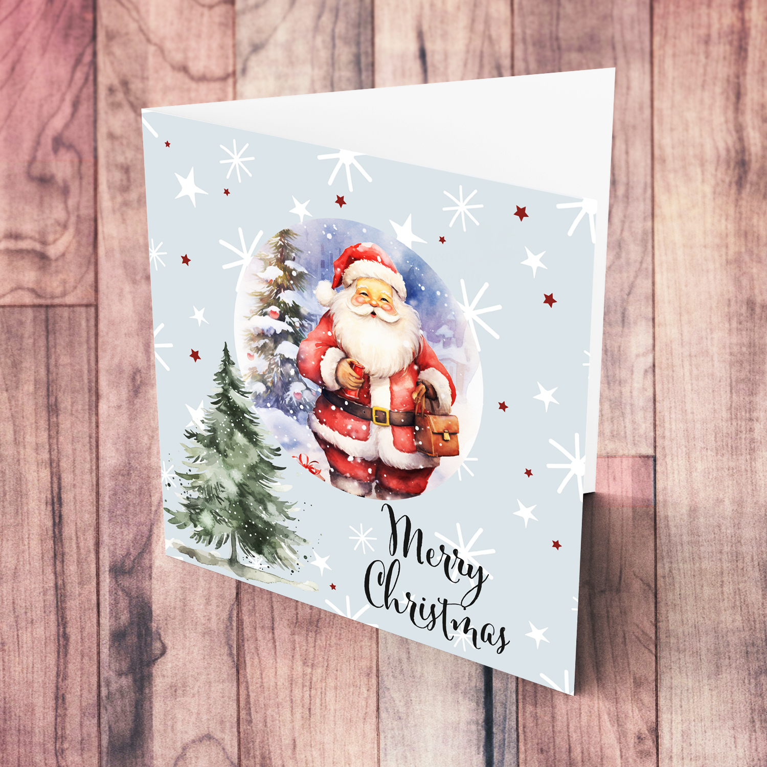 Cute Father Christmas themed Xmas card with scattered white flakes and red stars in English