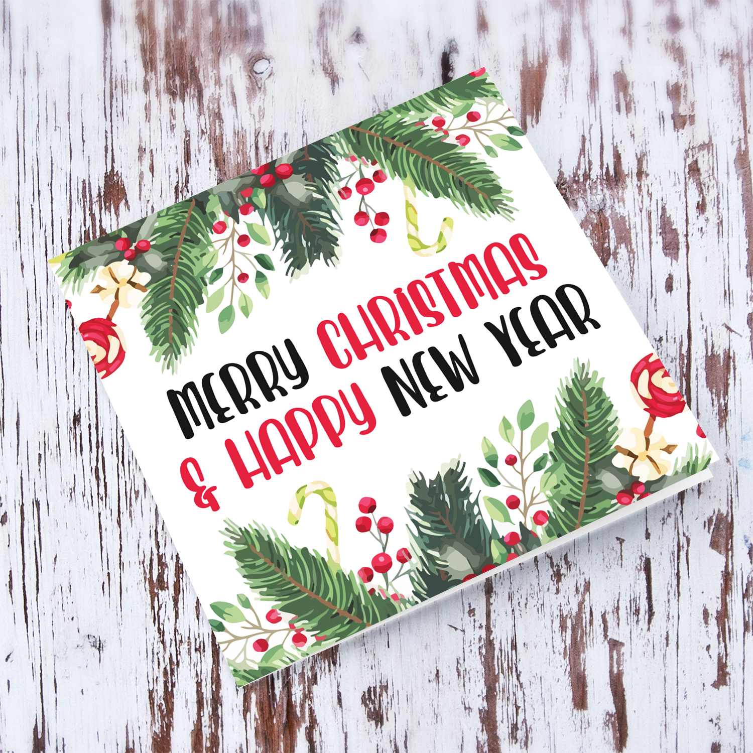 Merry Christmas & Happy New Year card with Christmas hollies in English