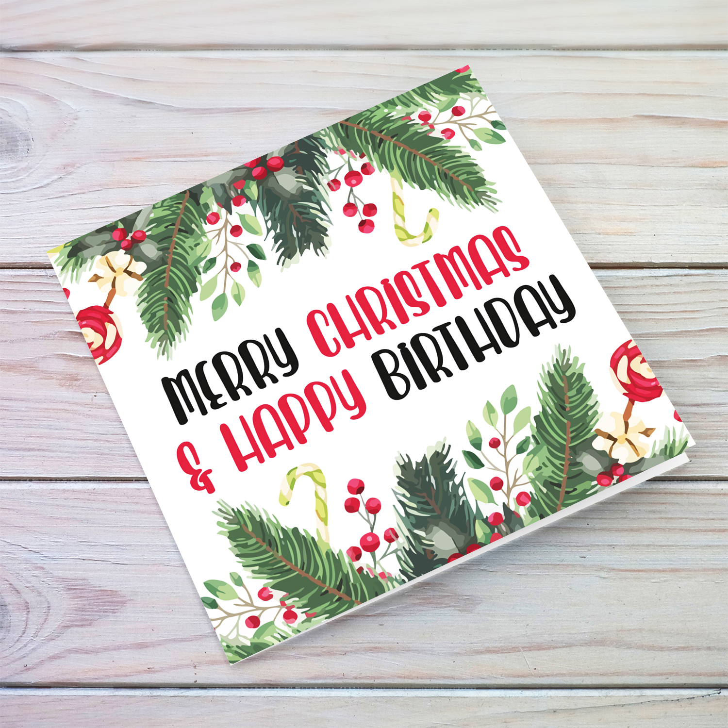2 in 1 card Christmas and Birthday card with hollies in English