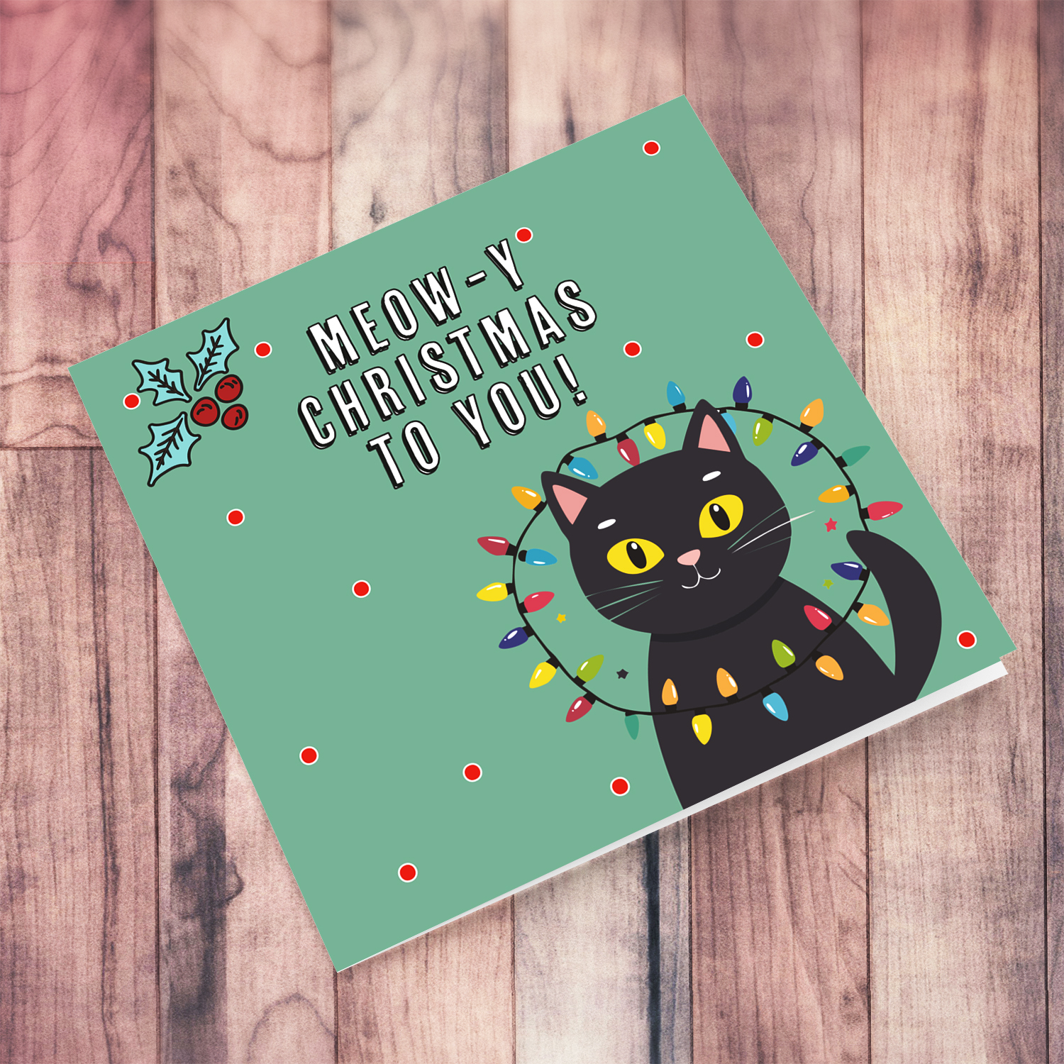 Cute & funny cat themed christmas card with xmas lights in dark green background in English
